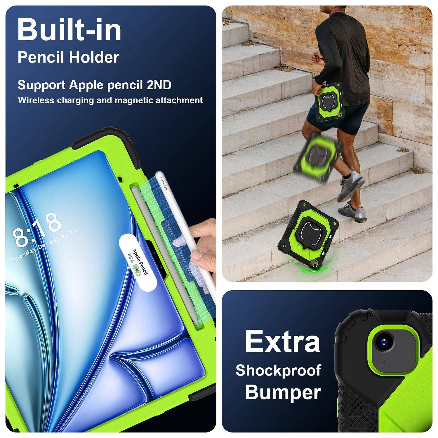 Für Apple iPad Air 13 2025 / 2024 Hybrid 360 Grad Tasche Hülle Schultergurt Grün