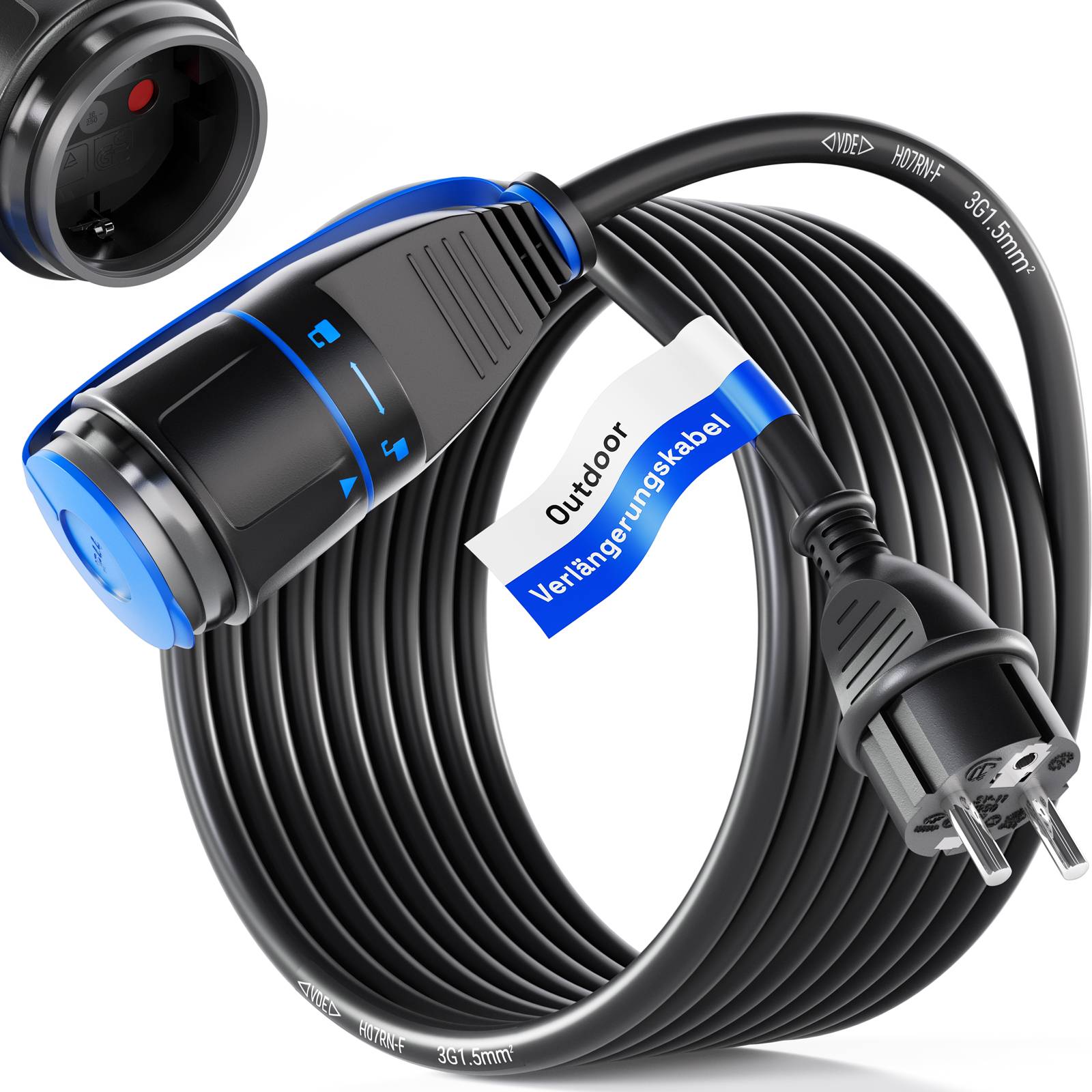 hb-digital 15m Strom Verlängerungskabel für Außenbereich H07RN-F Outdoor IP44 Sicherheitsverschluß
