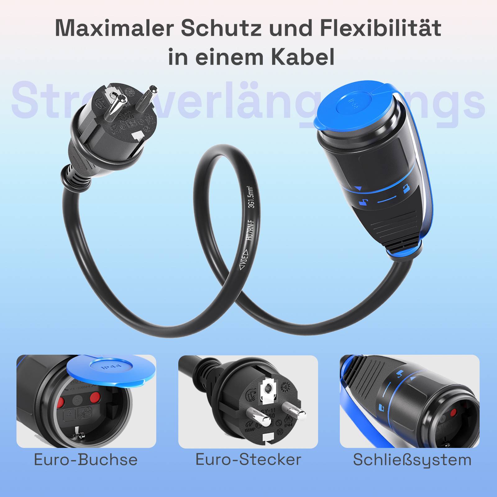 Werbegrafik eines schwarzen Verlängerungskabels mit blauen Steckverbindern und deutschem Text „Maximaler Schutz und Flexibilität in einem Kabel