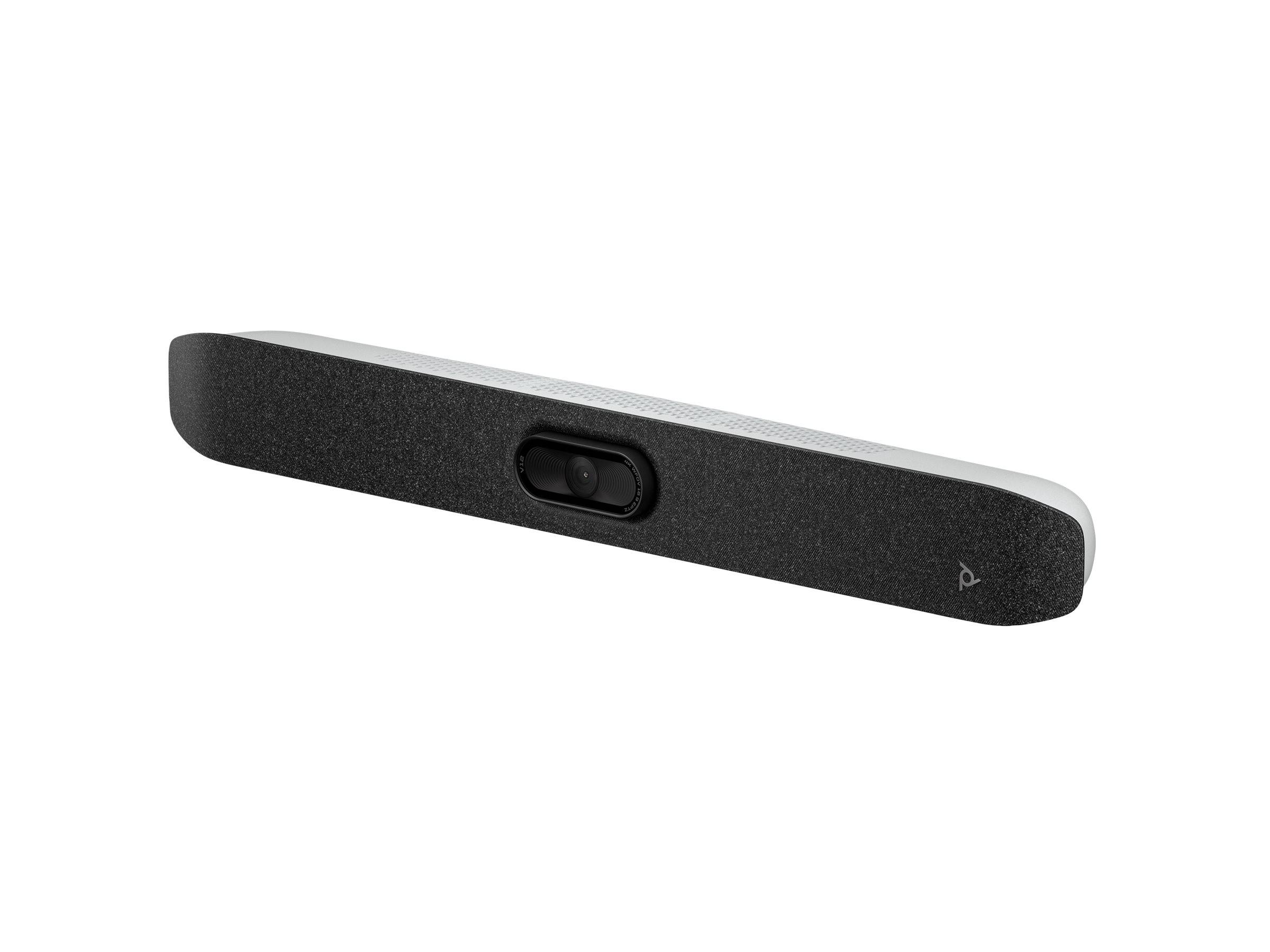 Eine schwarz-weiße Soundbar mit einer zentralen Kamera, entwickelt für Videokonferenzen und Audioanwendungen, mit einem eleganten und minimalistischen Design.