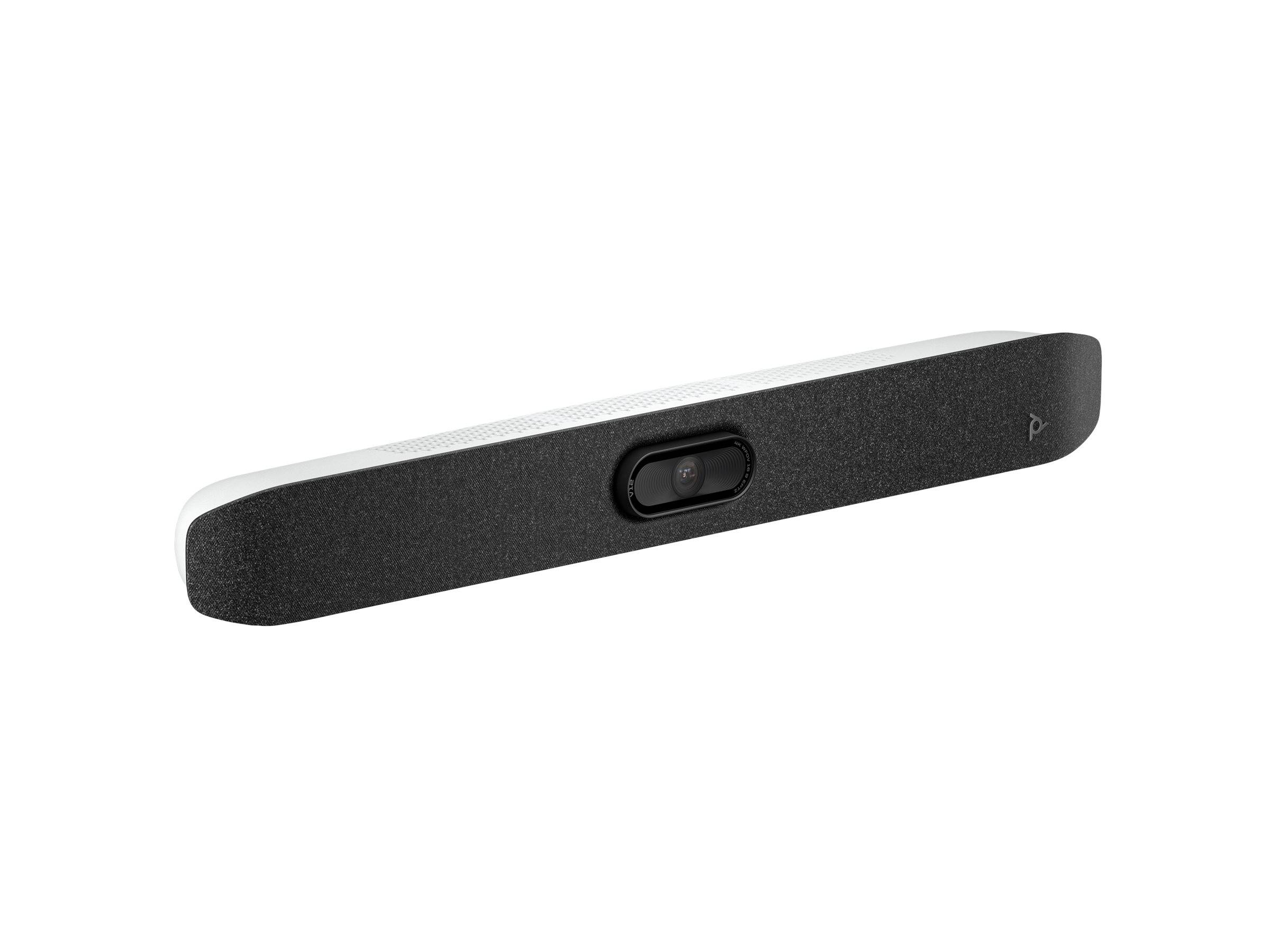 Ein schwarzer Soundbar mit einer zentralen Taste und Logo auf der rechten Seite, entwickelt für Audioausgabe in Heimunterhaltungssystemen.