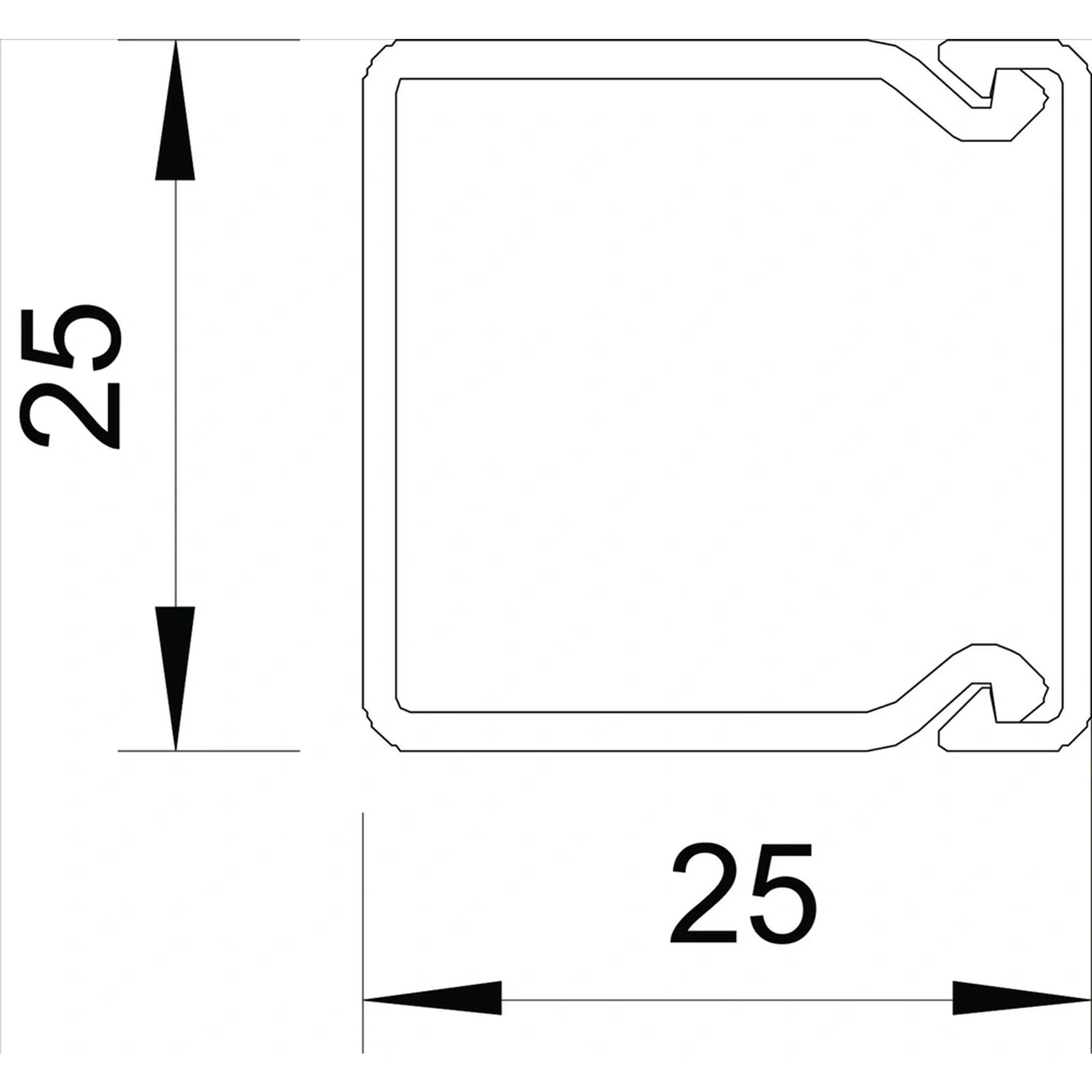 Diagramm eines quadratischen Paneelprofils mit der Beschriftung 25 Breite mal 25 Höhe, mit Querschnittabmessungen.