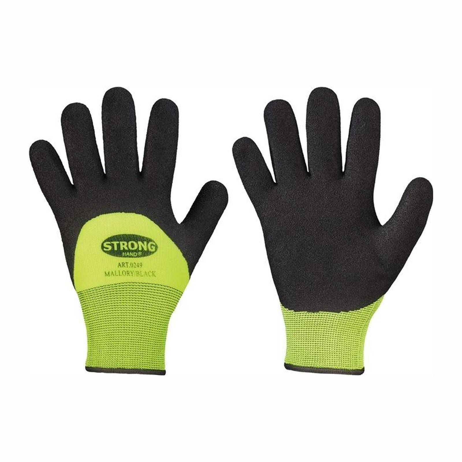 Ein Paar schwarze und neongrüne Arbeitshandschuhe, die mit den Handflächen nach unten ausgelegt sind. Die Worte 'Strong Hand' sind im Bereich des Handgelenks aufgedruckt.