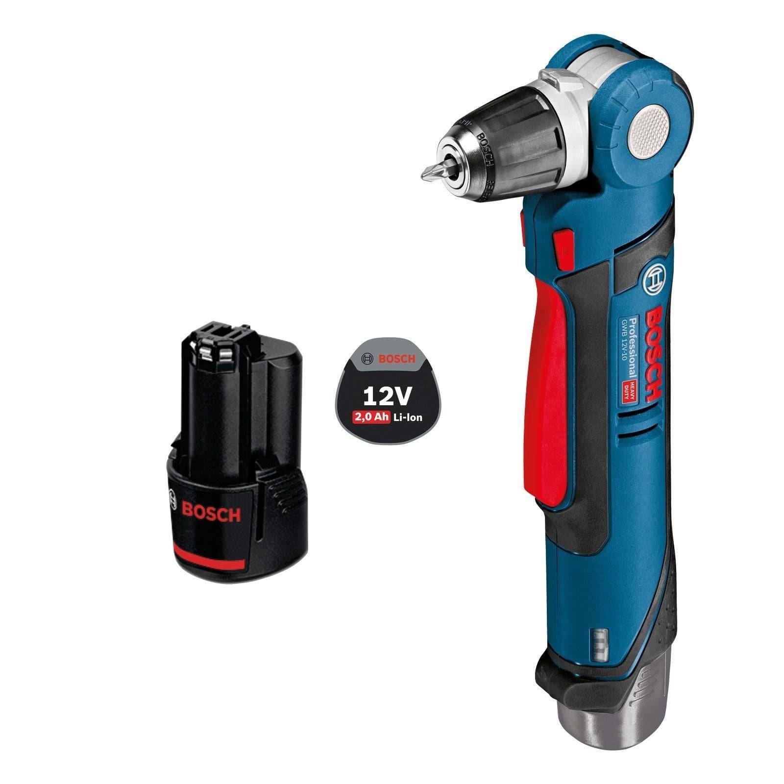 Eine Bosch 12V Akku-Winkelbohrmaschine mit aufgesetztem Bit liegt neben einer Bosch 12V 2.0 Ah Lithium-Ionen-Batterie, beide auf einem einfarbigen Hintergrund.