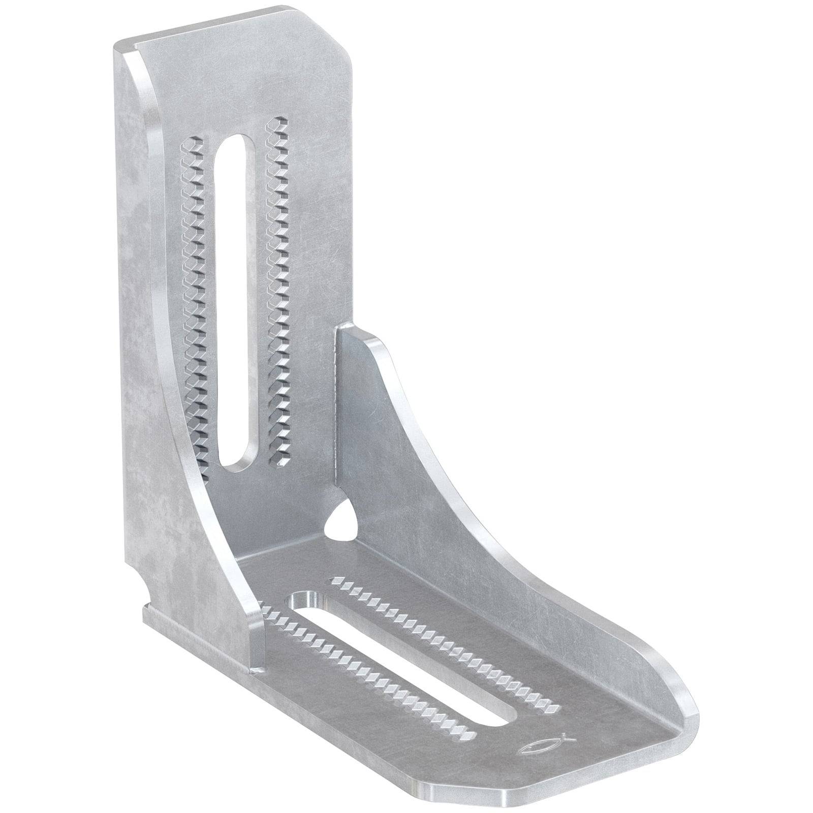 Eine Metallhalterung mit zwei vertikalen und horizontalen Schlitzen zur verstellbaren Befestigung. Geeignet für Konstruktions- oder Regalsysteme.
