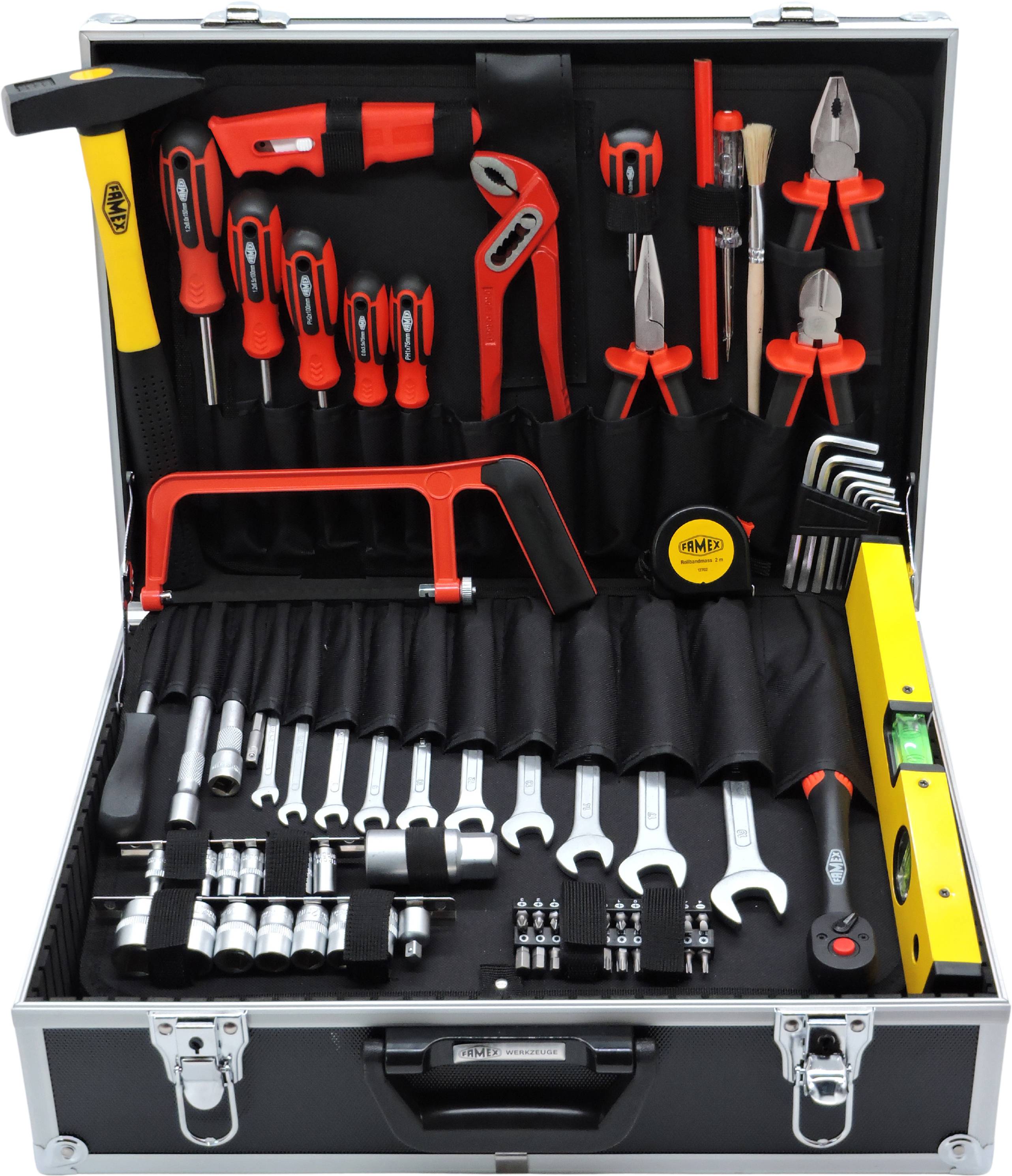 FAMEX 759-62 Alu Werkzeugkoffer gefüllt mit Werkzeug Set, Werkzeugkiste, Werkzeugkasten, Werkzeug-Set