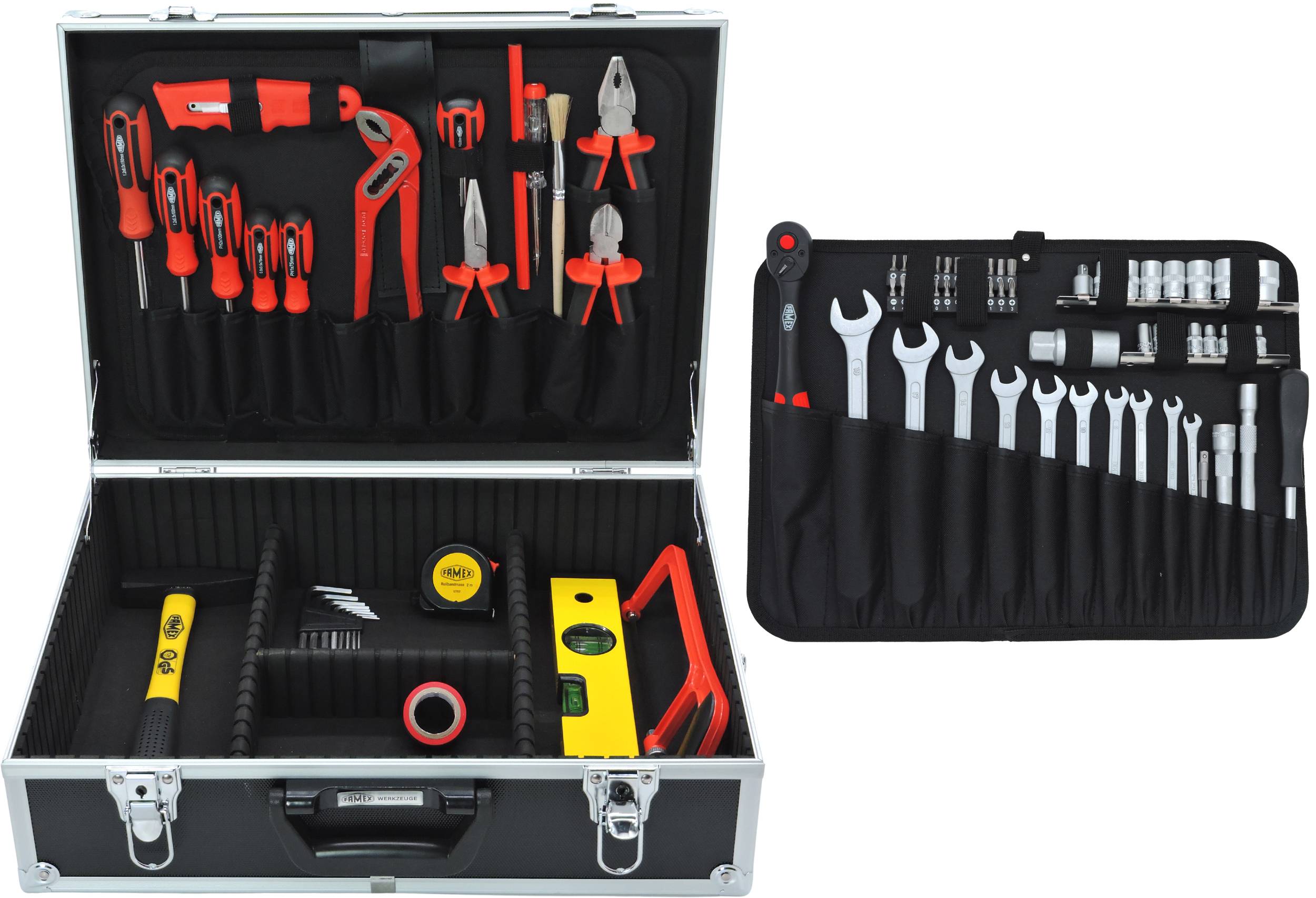 FAMEX 759-62 Alu Werkzeugkoffer gefüllt mit Werkzeug Set, Werkzeugkiste, Werkzeugkasten, Werkzeug-Set