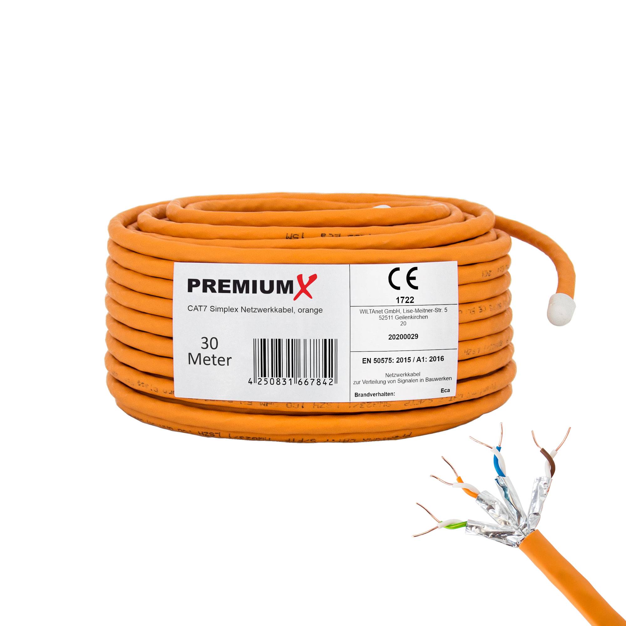 PremiumX CAT 7 Netzwerkkabel 30m LAN Kabel Simplex Kupferkabel Ethernet Datenkabel S/FTP PiMF PoE Eca Kat7 Verlegekabel Installationskabel für mühel
