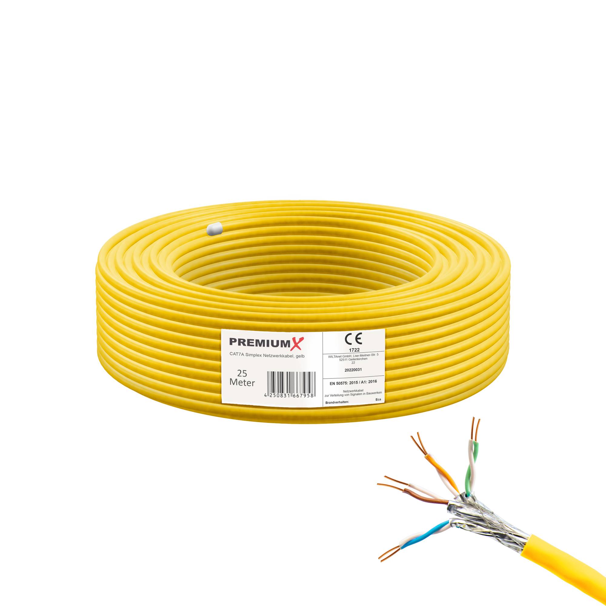 PremiumX 25m CAT 7A Netzwerkkabel Simplex LAN-Kabel Verlegekabel Ethernet Kupfer Datenkabel AWG 23 S/FTP PiMF PoE Eca Cat7A 1200 MHz
