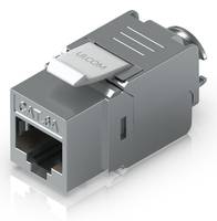 Ein Metall CAT 6A Ethernet Keystone-Buchse für Netzwerkkabel mit einer weißen Verriegelung und reflektierender Oberfläche.