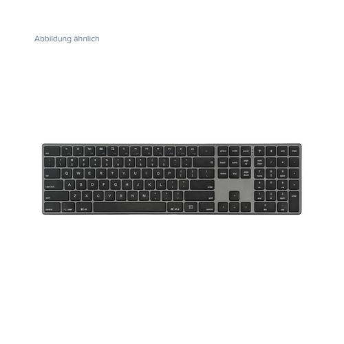 Eine elegante, vollformatige schwarze Tastatur mit Ziffernblock, mit flachen Tasten auf schlankem Design. Der Text oben lautet „Abbildung ähnlich