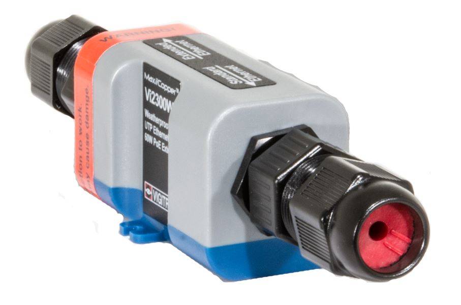 Industrielles Lasersensor-Gerät mit schwarzen Endkappen, grauem Gehäuse, blauer Basis und roter Linse an der Vorderseite.