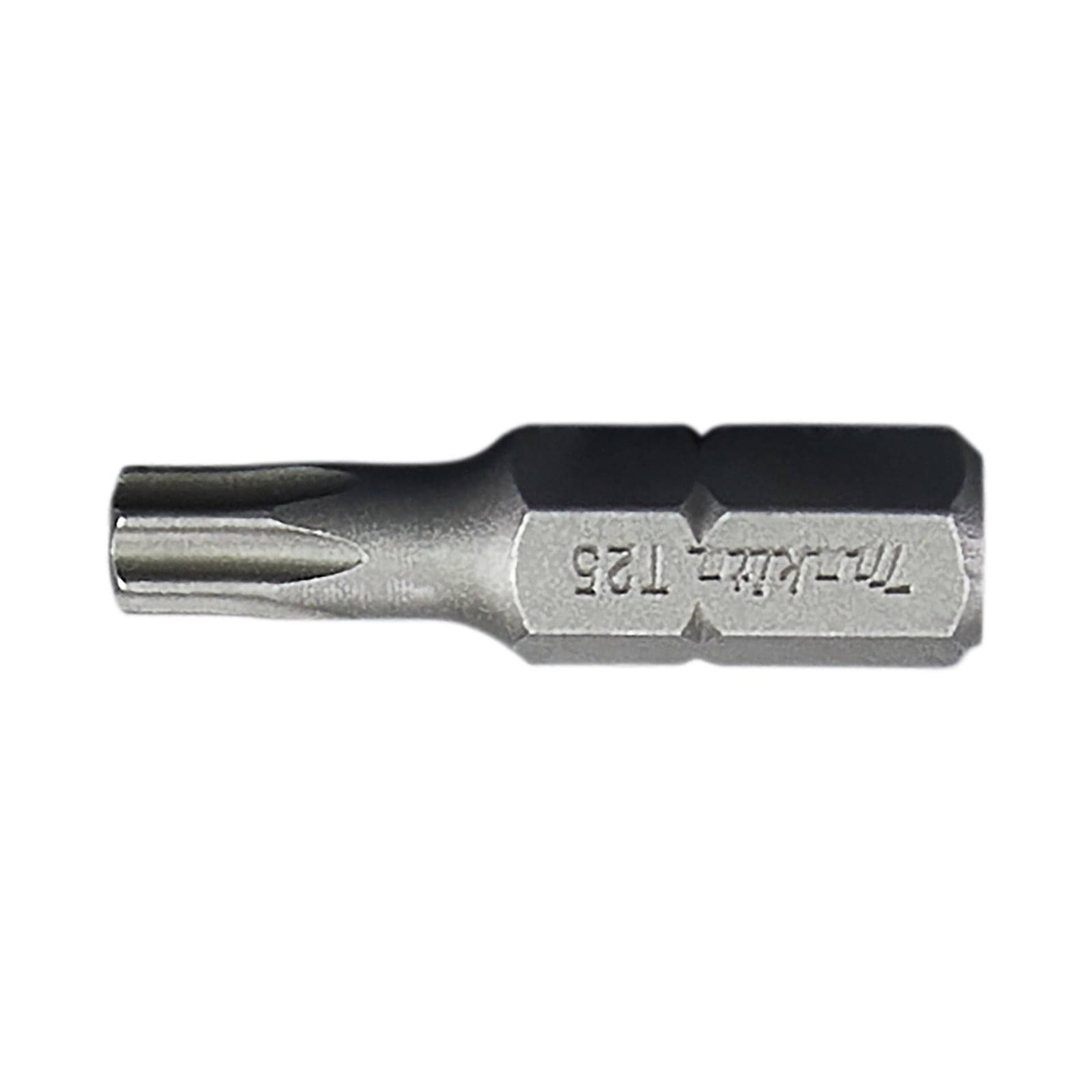 Torx T25 Schraubendreher-Bit, metallische Oberfläche, sechseckige Basis, Nahaufnahme.