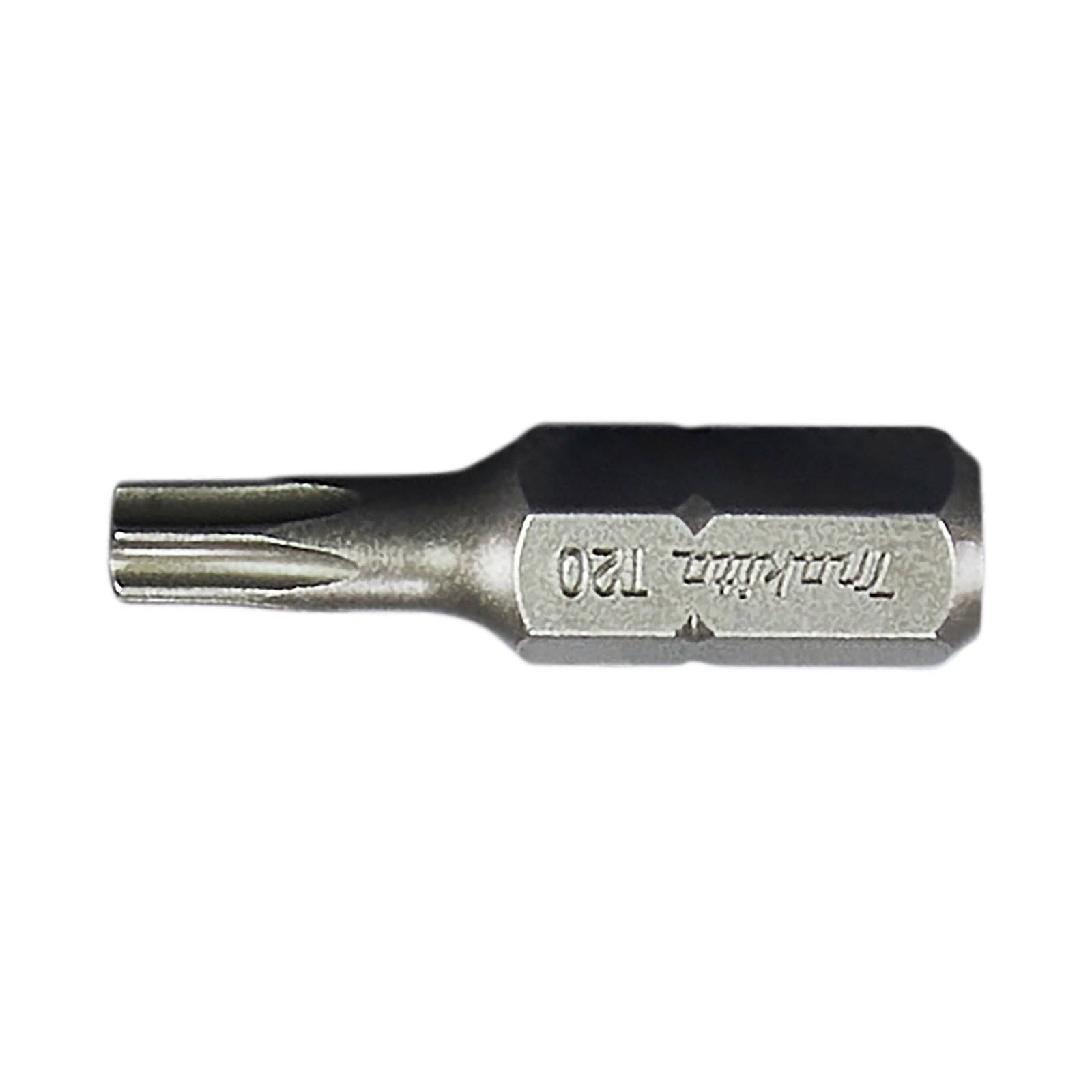 Ein silberner metallischer Torx T20 Schraubenbit, der eine sternförmige Spitze zeigt, der zum Eindrehen von Torx-Schrauben verwendet wird.