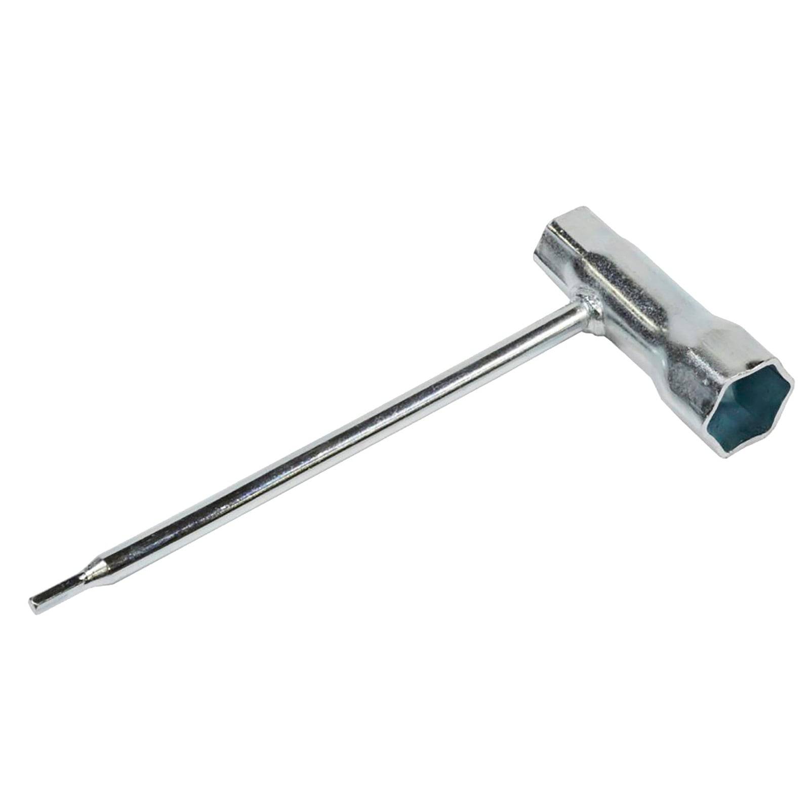 Ein silbernes T-förmiges Metalltool mit einer sechseckigen Aufnahme an einem Ende und einer Schraubendreher-Klinge am langen Griff, das für Einstellungen oder Reparaturen verwendet wird.