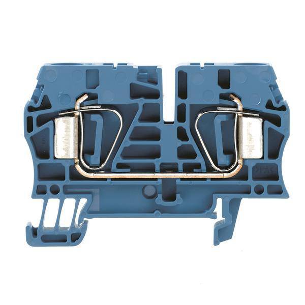 Ein blauer Elektroklemmblock mit metallischem Leiter im Inneren, der zum Befestigen und Organisieren von elektrischen Drähten in einem Schaltungssystem verwendet wird.