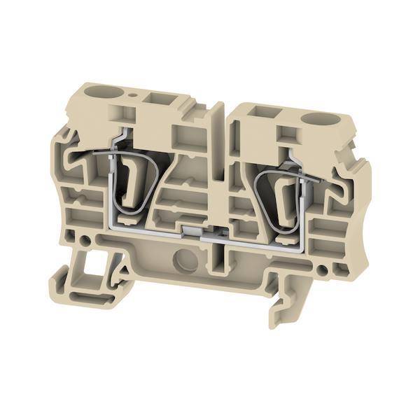 Ein beiges Klemmleisten mit zwei Anschlüssen und Metallklemmen, das für die elektrische Verdrahtung in Industrie- und Gewerbe Anwendungen verwendet wird.