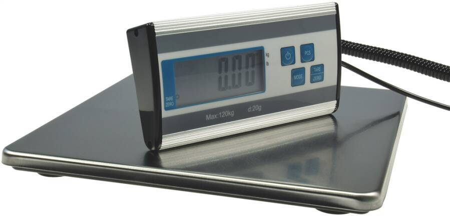 Paketwaage bis 120 kg 22562 max. Tragfähigkeit 120 kg Ablesung 20 g Abmessung Wiegefläche (BxT) 270 x 270 mm
