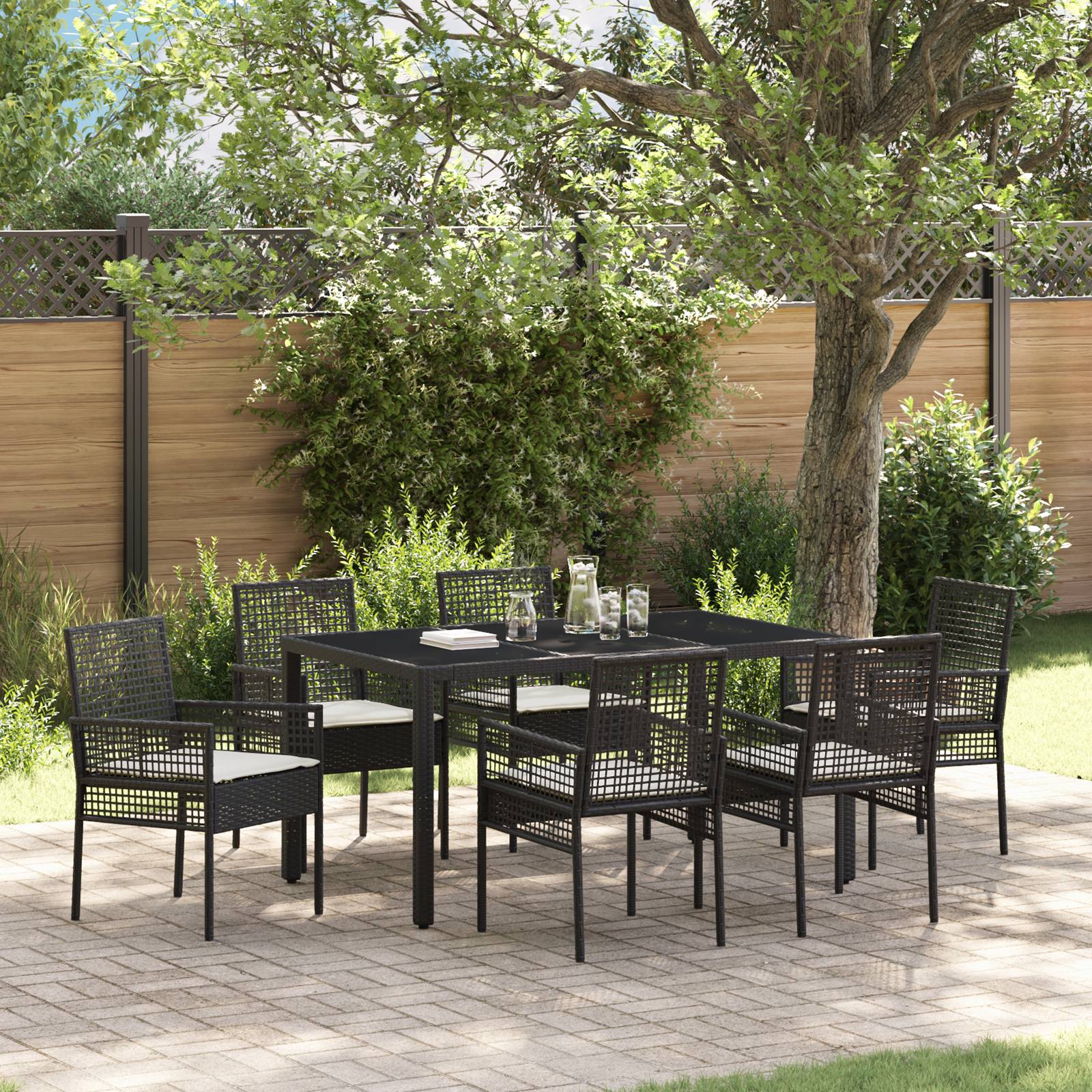 vidaXL 7-tlg. Garten-Essgruppe mit Kissen Schwarz Poly Rattan