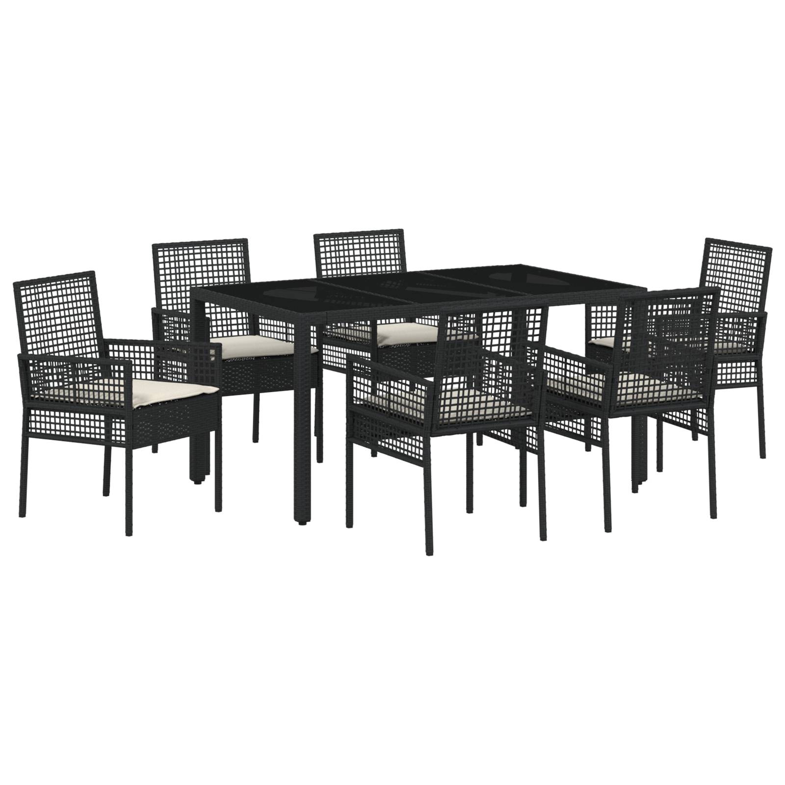 vidaXL 7-tlg. Garten-Essgruppe mit Kissen Schwarz Poly Rattan