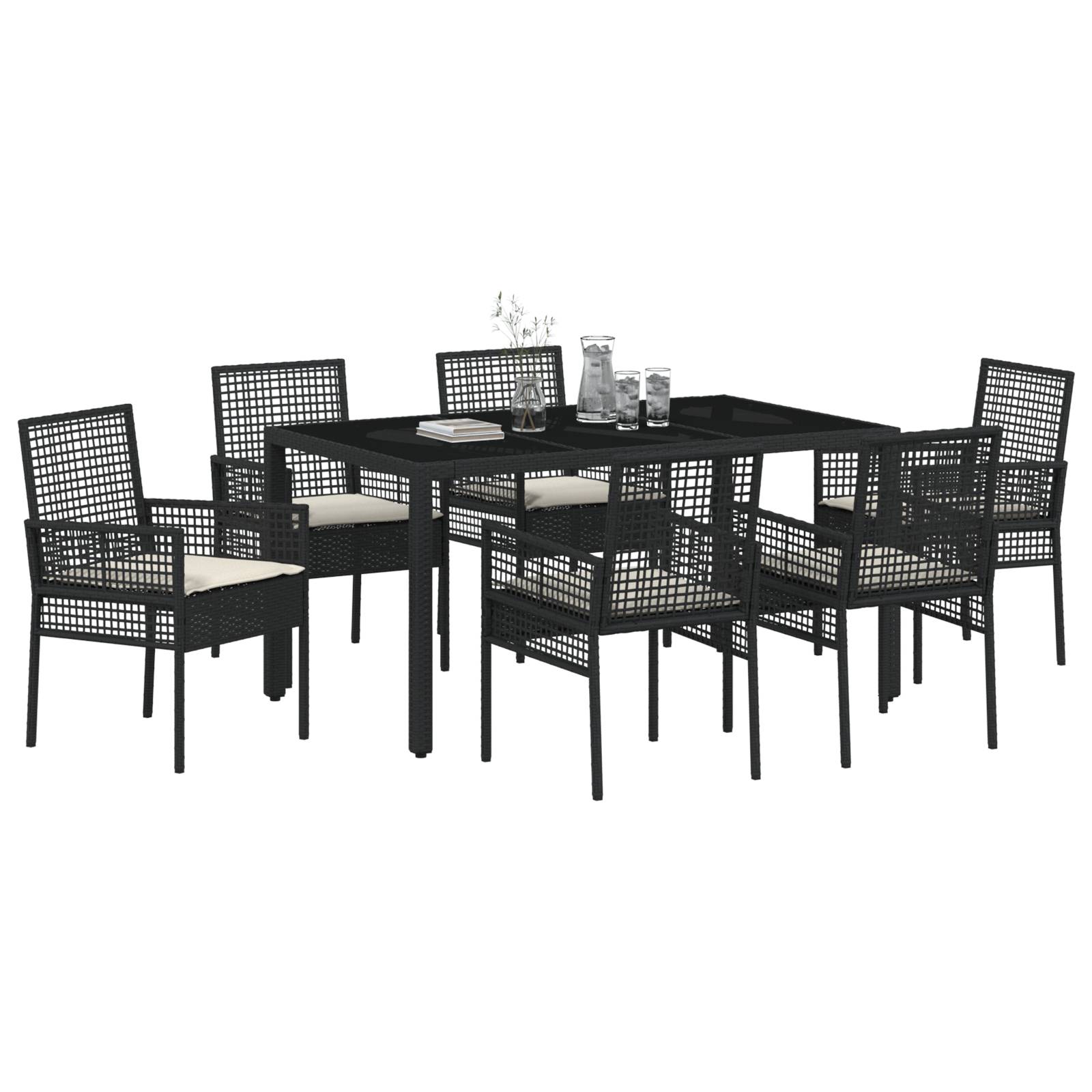 vidaXL 7-tlg. Garten-Essgruppe mit Kissen Schwarz Poly Rattan