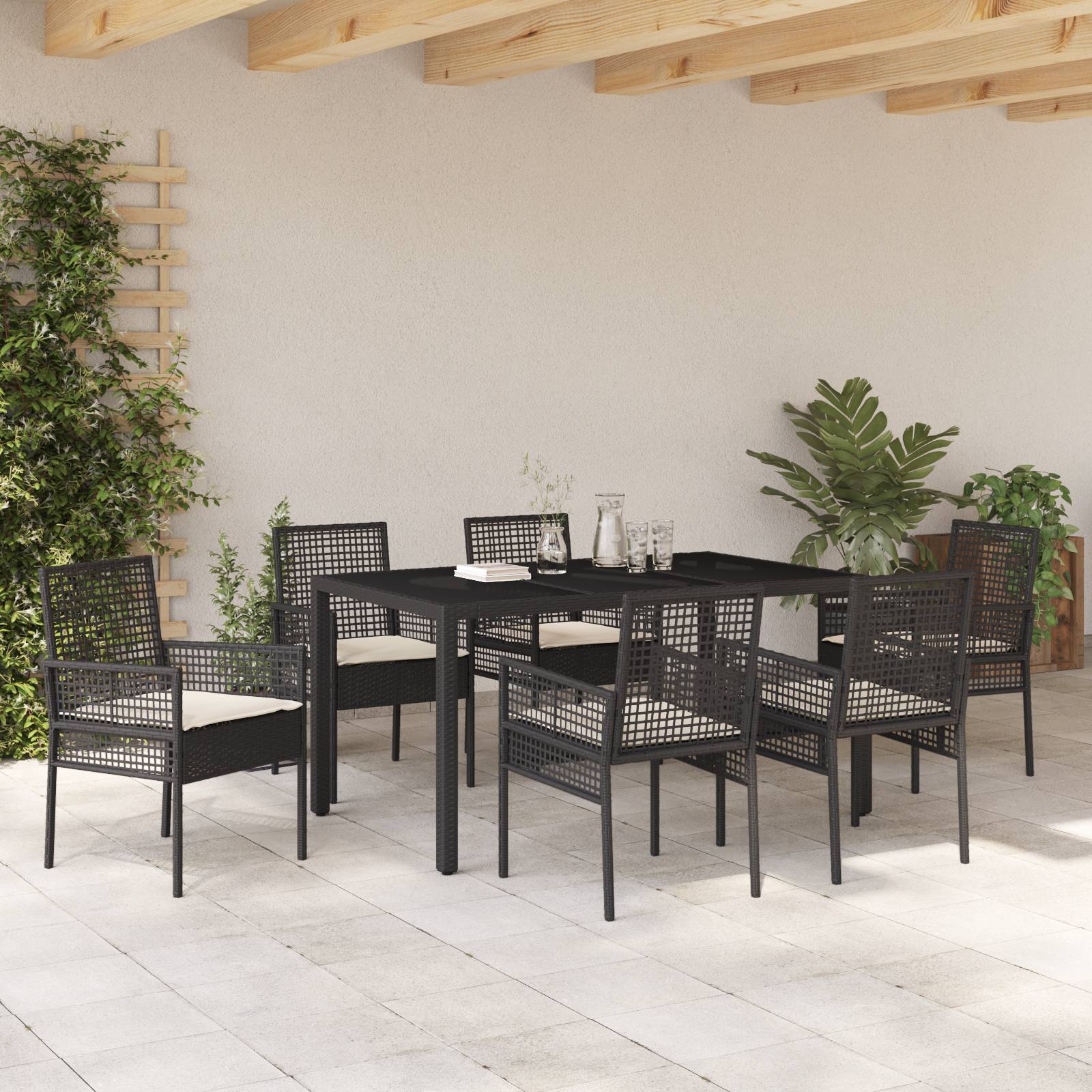 vidaXL 7-tlg. Garten-Essgruppe mit Kissen Schwarz Poly Rattan