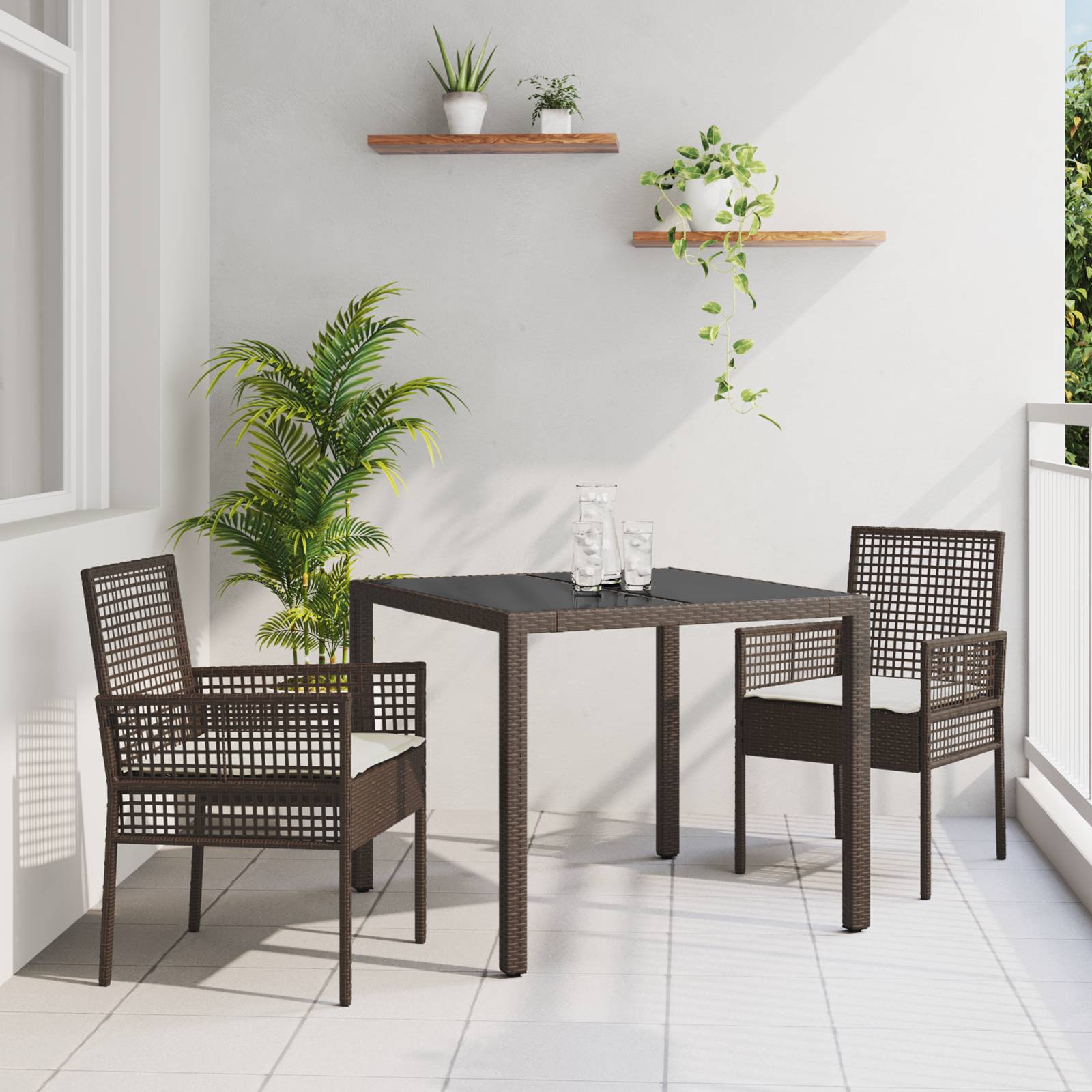 vidaXL 3-tlg. Garten-Essgruppe mit Kissen Braun Poly Rattan