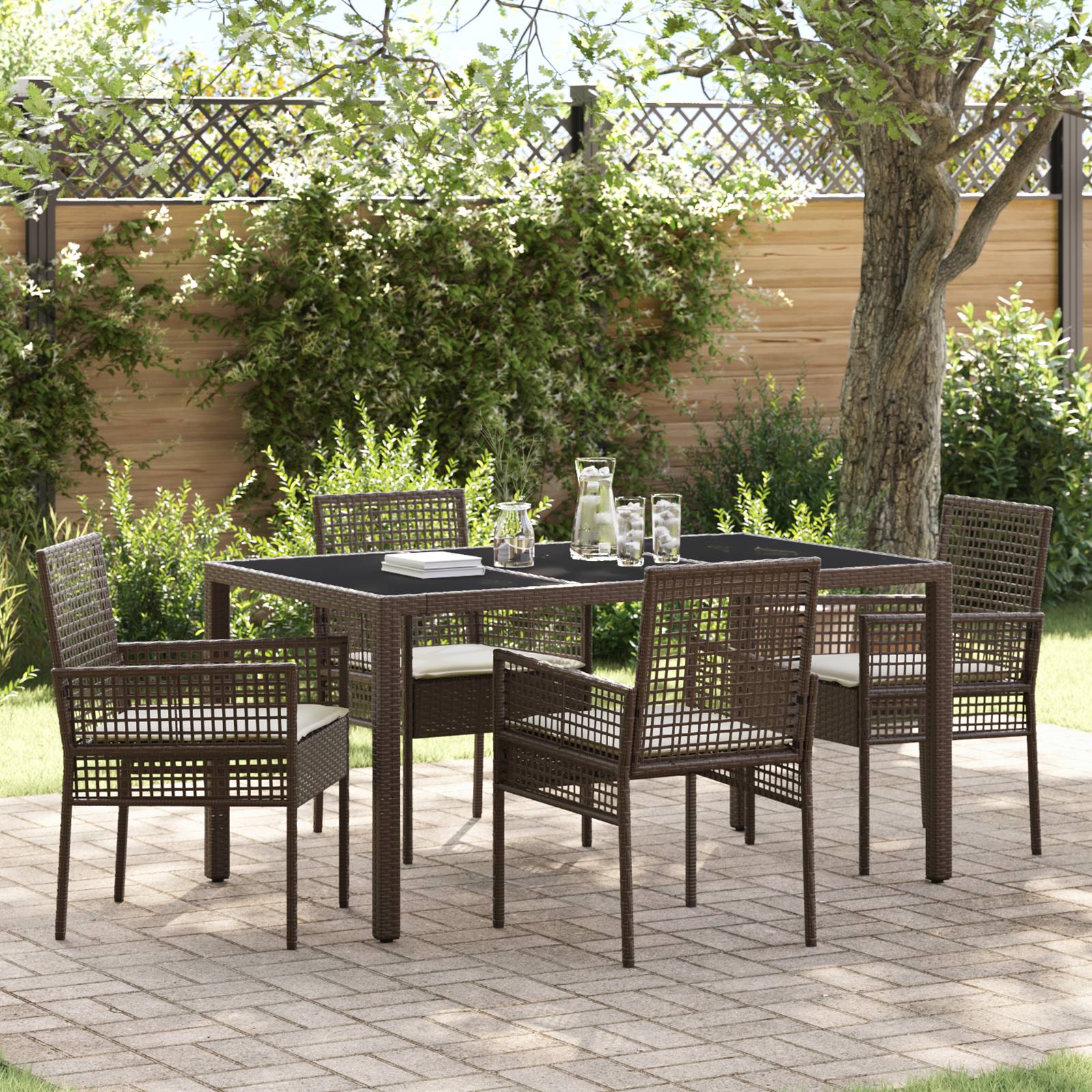 vidaXL 5-tlg. Garten-Essgruppe mit Kissen Braun Poly Rattan