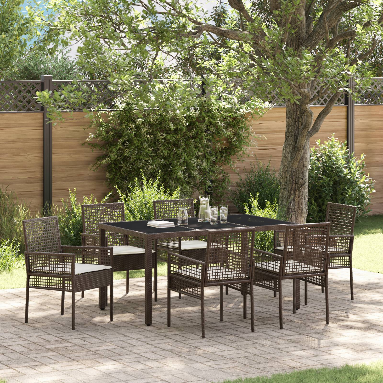vidaXL 7-tlg. Garten-Essgruppe mit Kissen Braun Poly Rattan