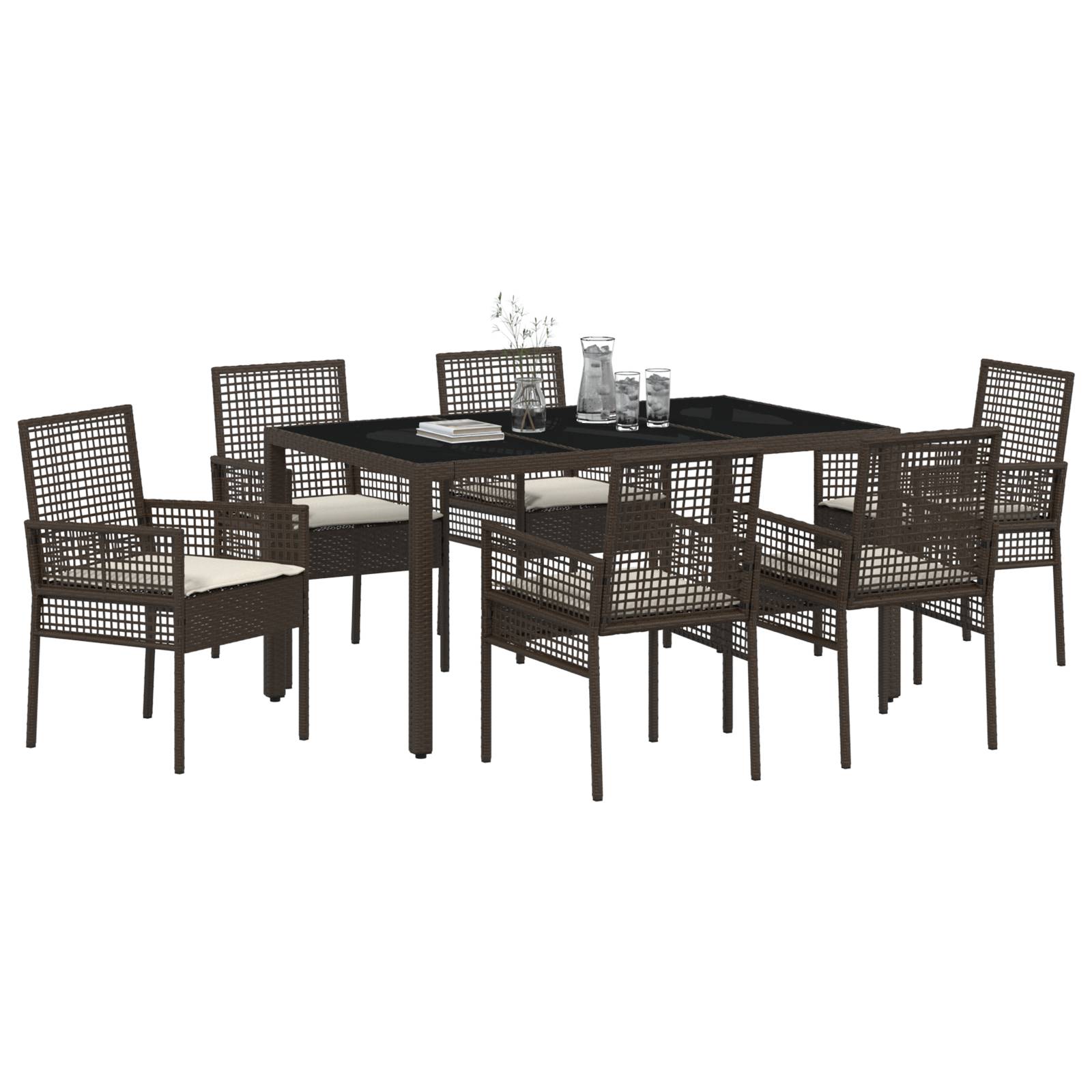 vidaXL 7-tlg. Garten-Essgruppe mit Kissen Braun Poly Rattan
