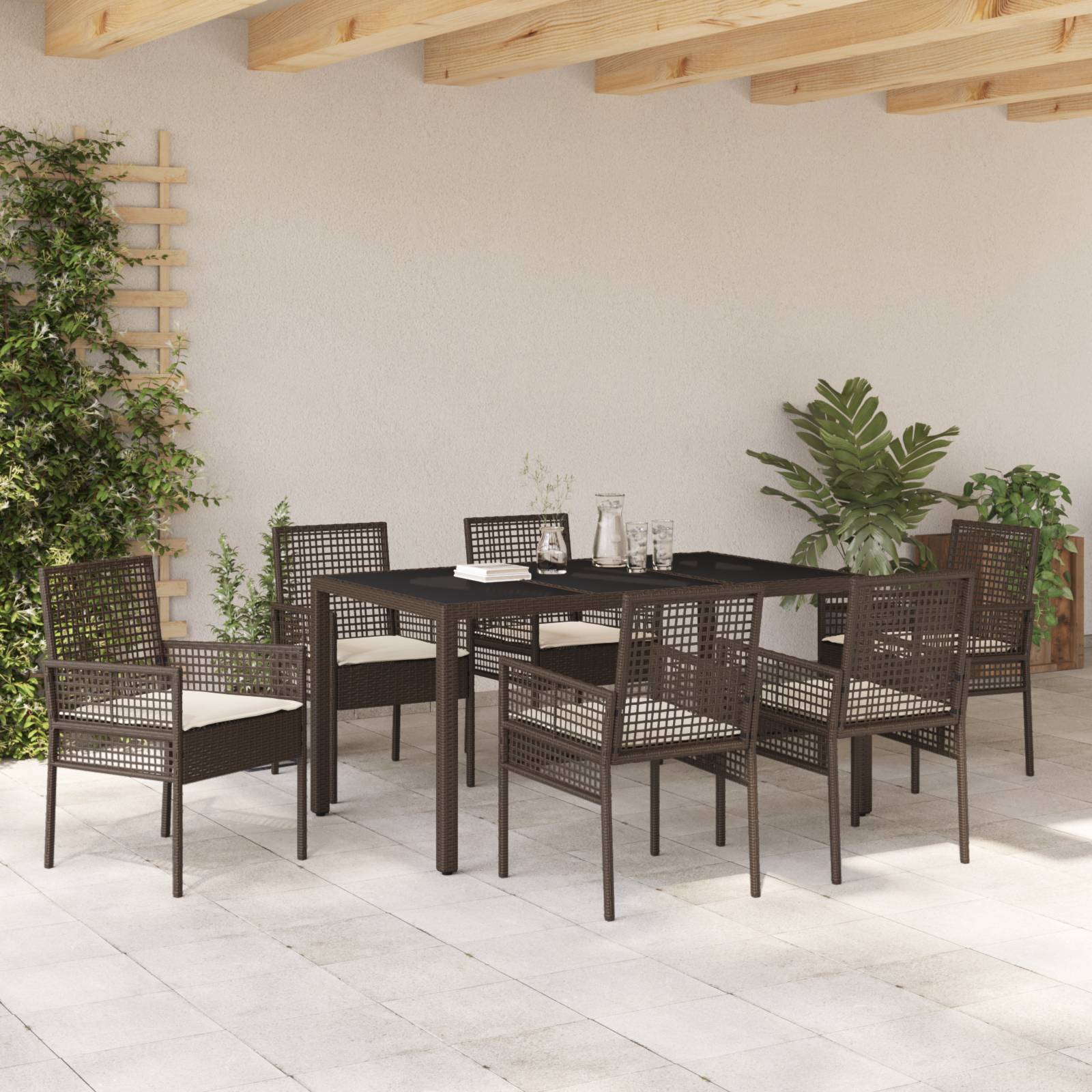 vidaXL 7-tlg. Garten-Essgruppe mit Kissen Braun Poly Rattan