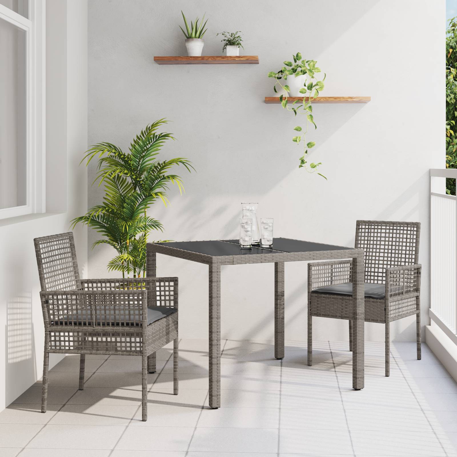 vidaXL 3-tlg. Garten-Essgruppe mit Kissen Grau Poly Rattan