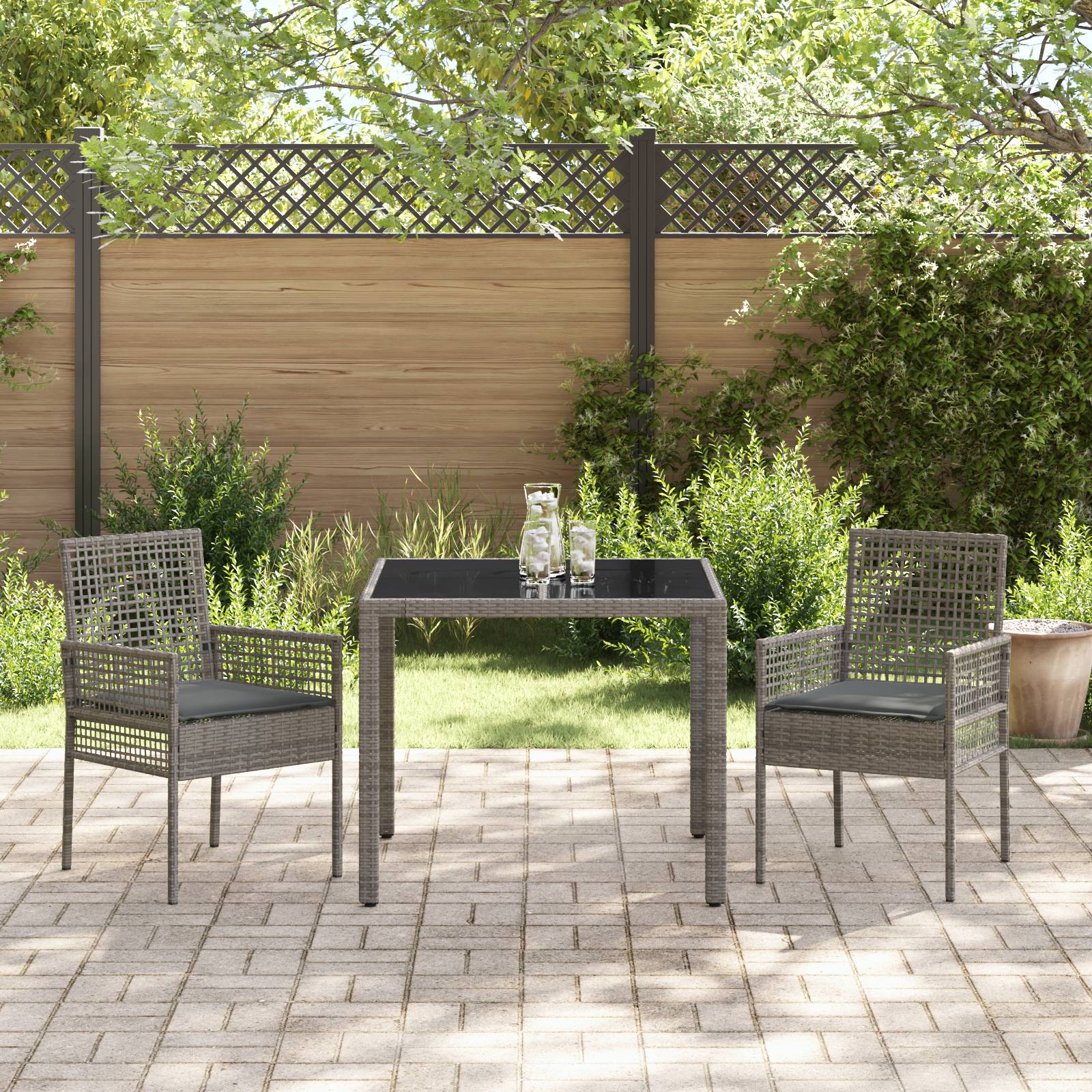 vidaXL 3-tlg. Garten-Essgruppe mit Kissen Grau Poly Rattan