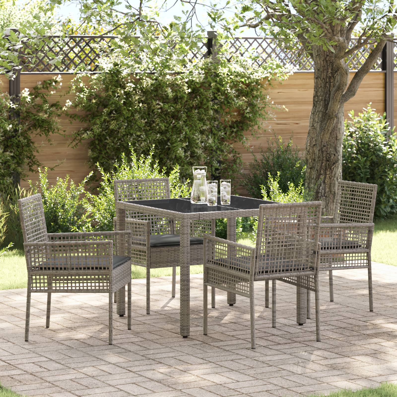 vidaXL 5-tlg. Garten-Essgruppe mit Kissen Grau Poly Rattan