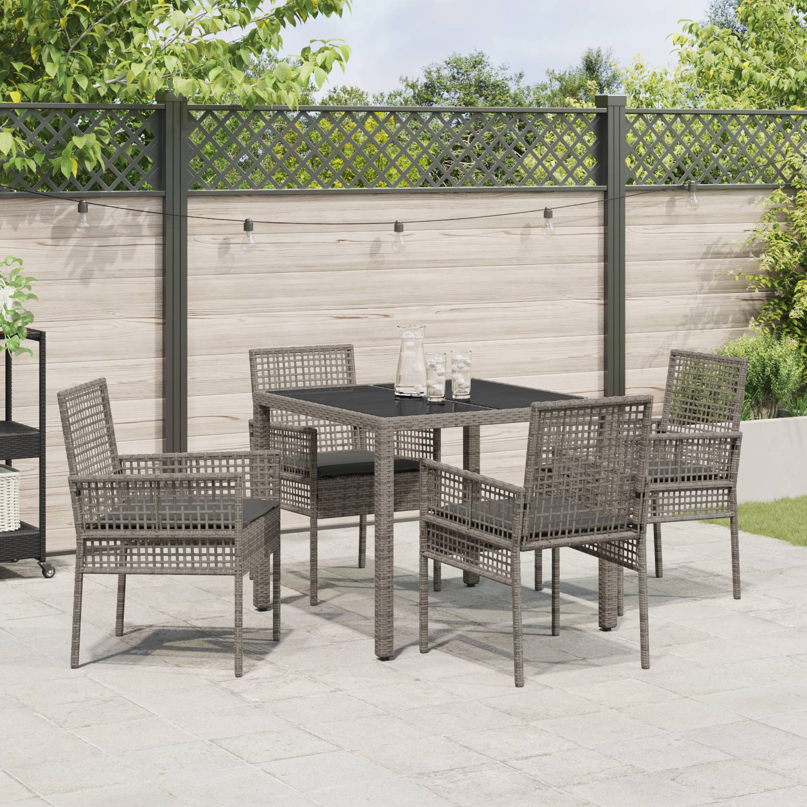 vidaXL 5-tlg. Garten-Essgruppe mit Kissen Grau Poly Rattan