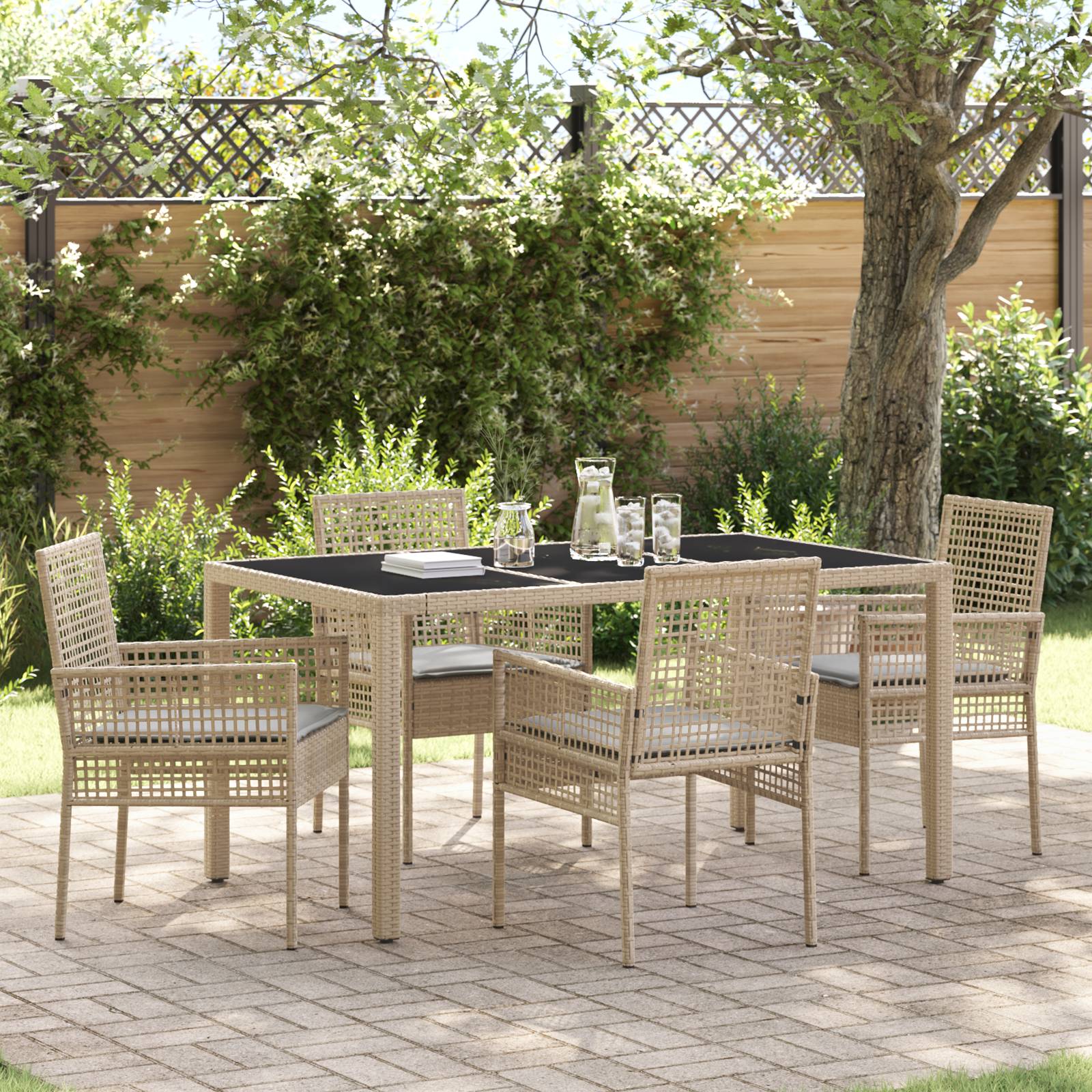 vidaXL 5-tlg. Garten-Essgruppe mit Kissen Beige Poly Rattan