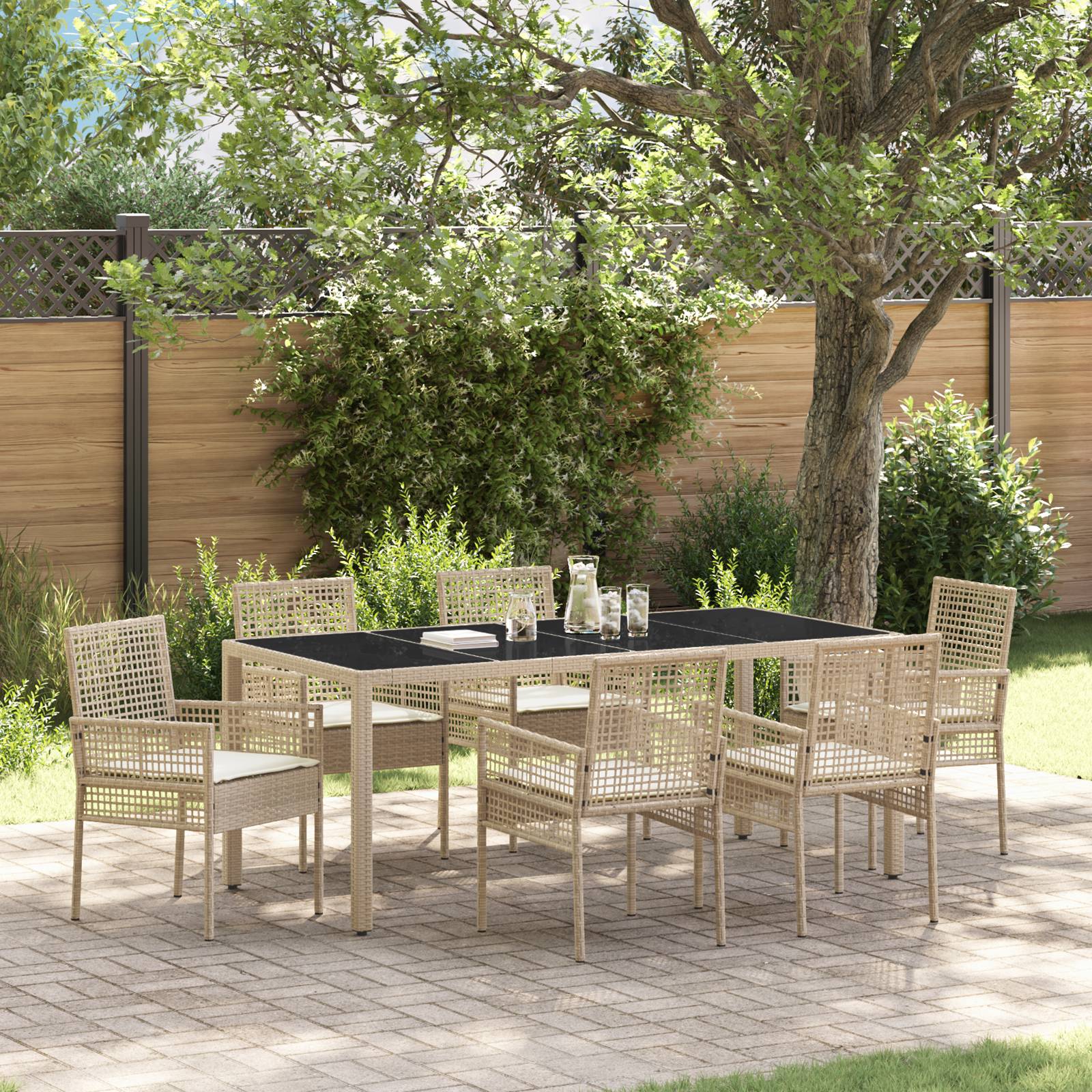 vidaXL 7-tlg. Garten-Essgruppe mit Kissen Beige Poly Rattan