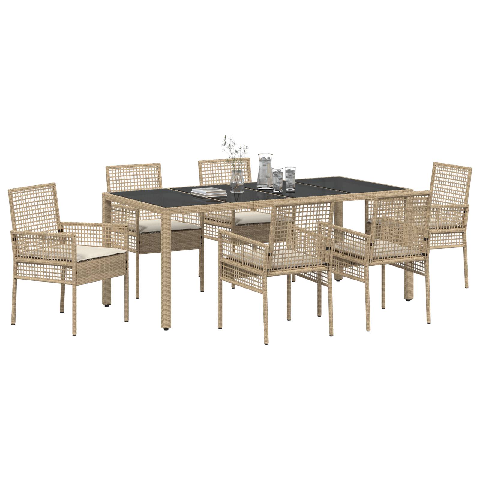 vidaXL 7-tlg. Garten-Essgruppe mit Kissen Beige Poly Rattan