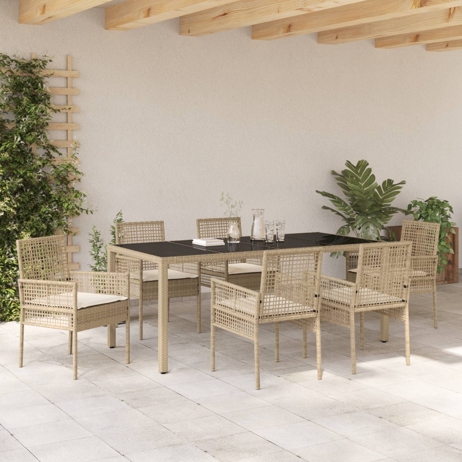 vidaXL 7-tlg. Garten-Essgruppe mit Kissen Beige Poly Rattan