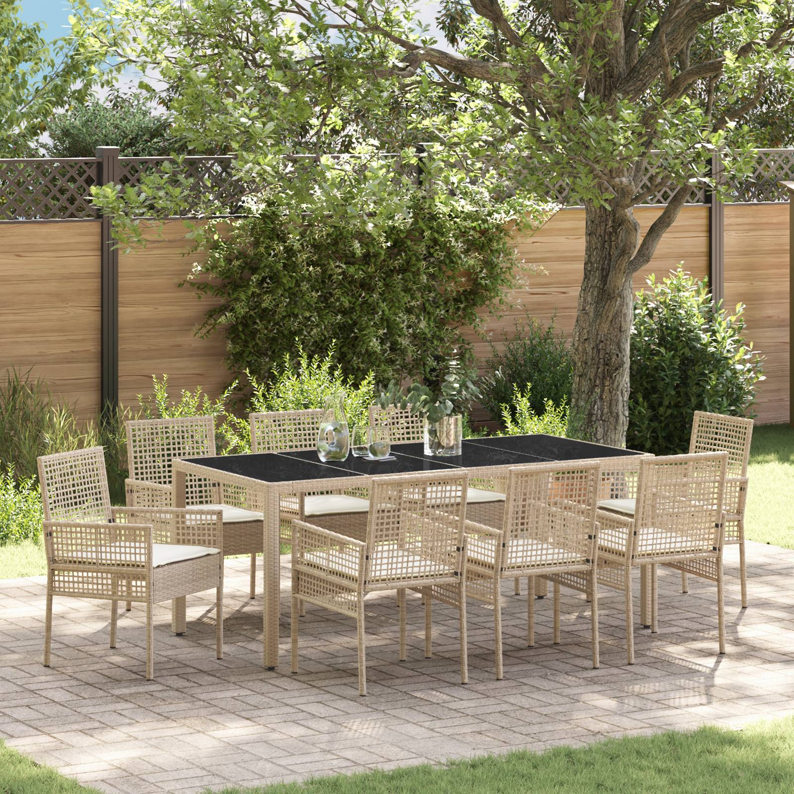 vidaXL 9-tlg. Garten-Essgruppe mit Kissen Beige Poly Rattan