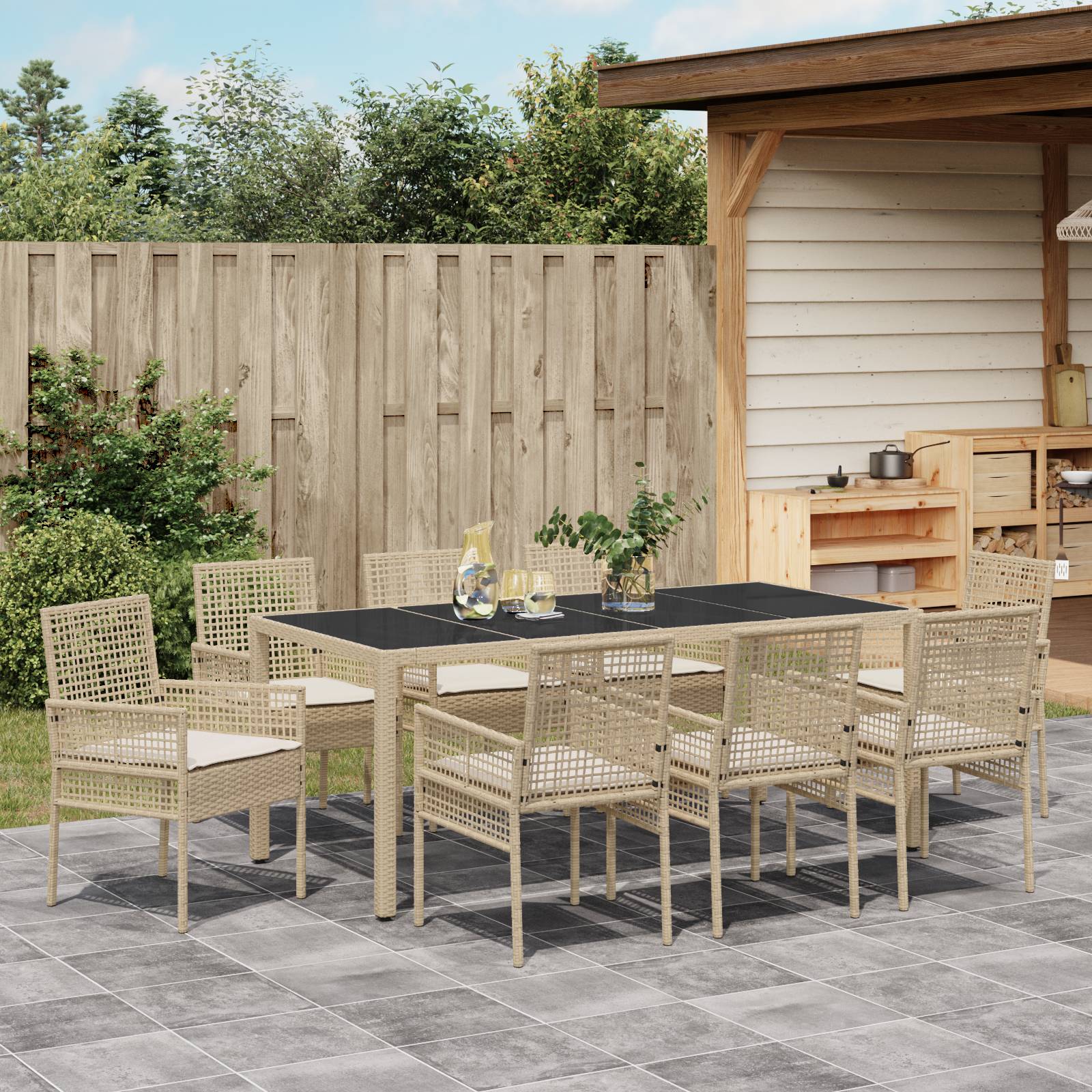 vidaXL 9-tlg. Garten-Essgruppe mit Kissen Beige Poly Rattan
