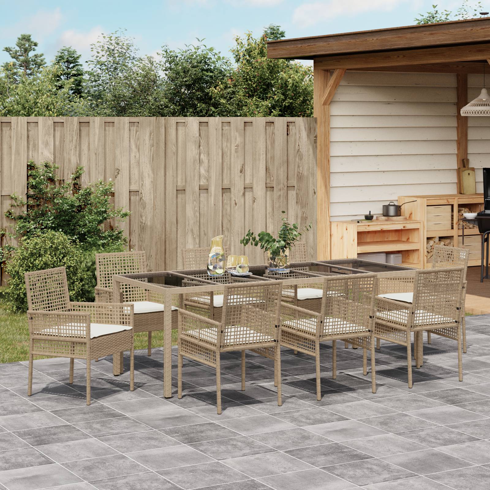 vidaXL 9-tlg. Garten-Essgruppe mit Kissen Beige Poly Rattan