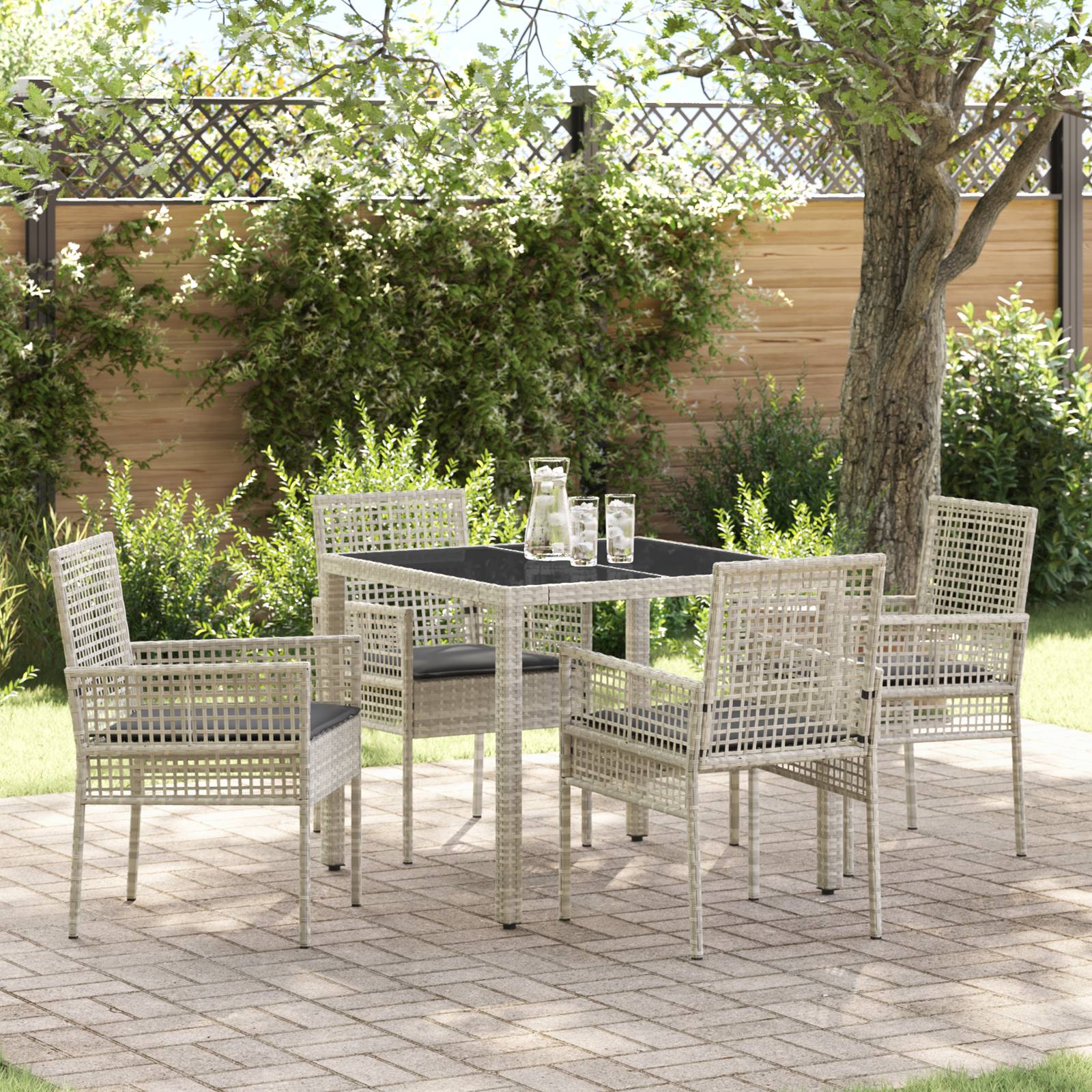 vidaXL 5-tlg. Garten-Essgruppe mit Kissen Hellgrau Poly Rattan