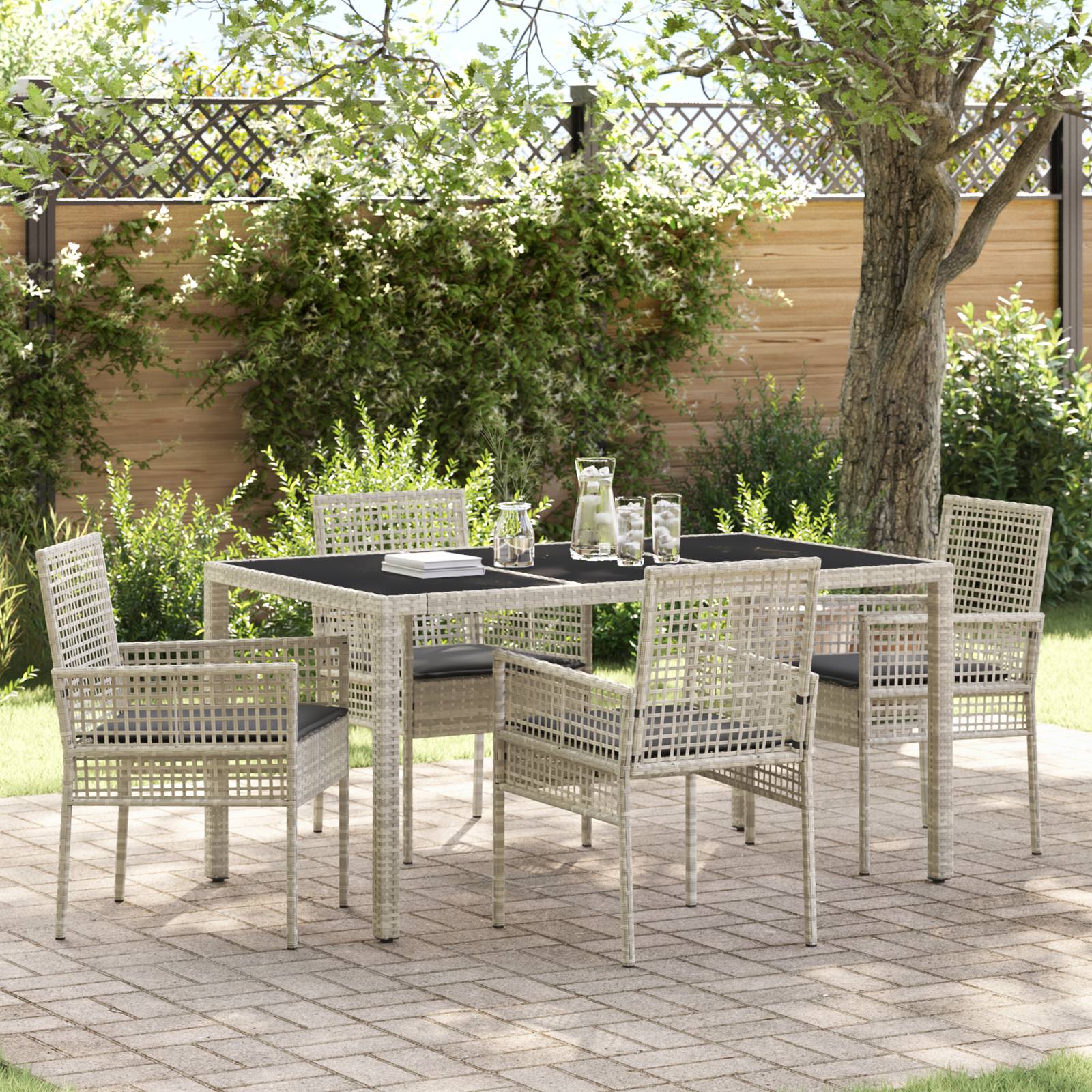 vidaXL 5-tlg. Garten-Essgruppe mit Kissen Hellgrau Poly Rattan
