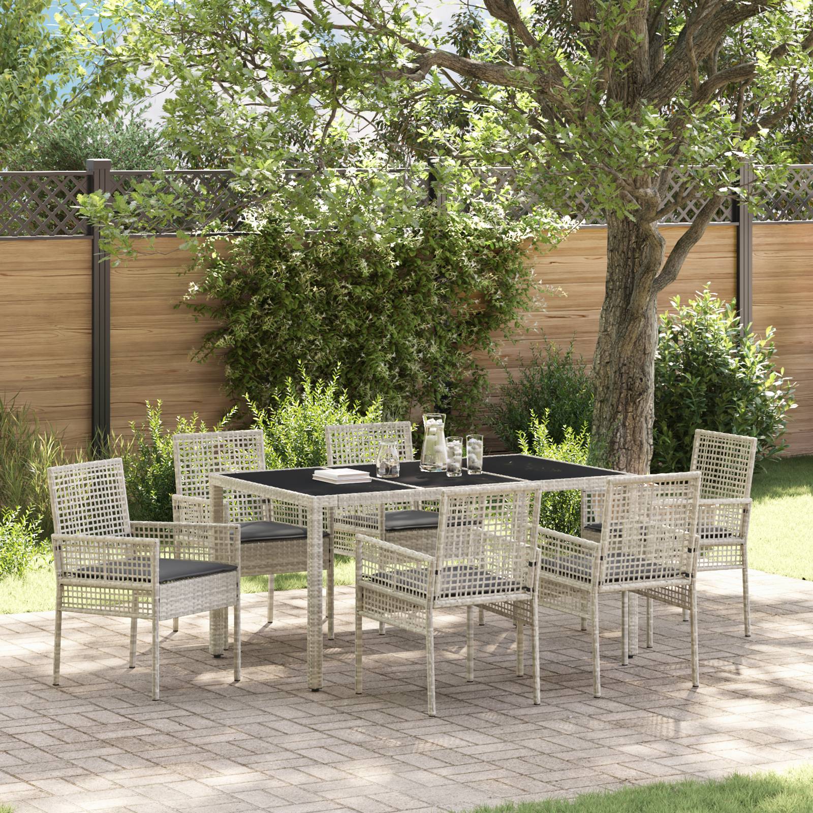 vidaXL 7-tlg. Garten-Essgruppe mit Kissen Hellgrau Poly Rattan