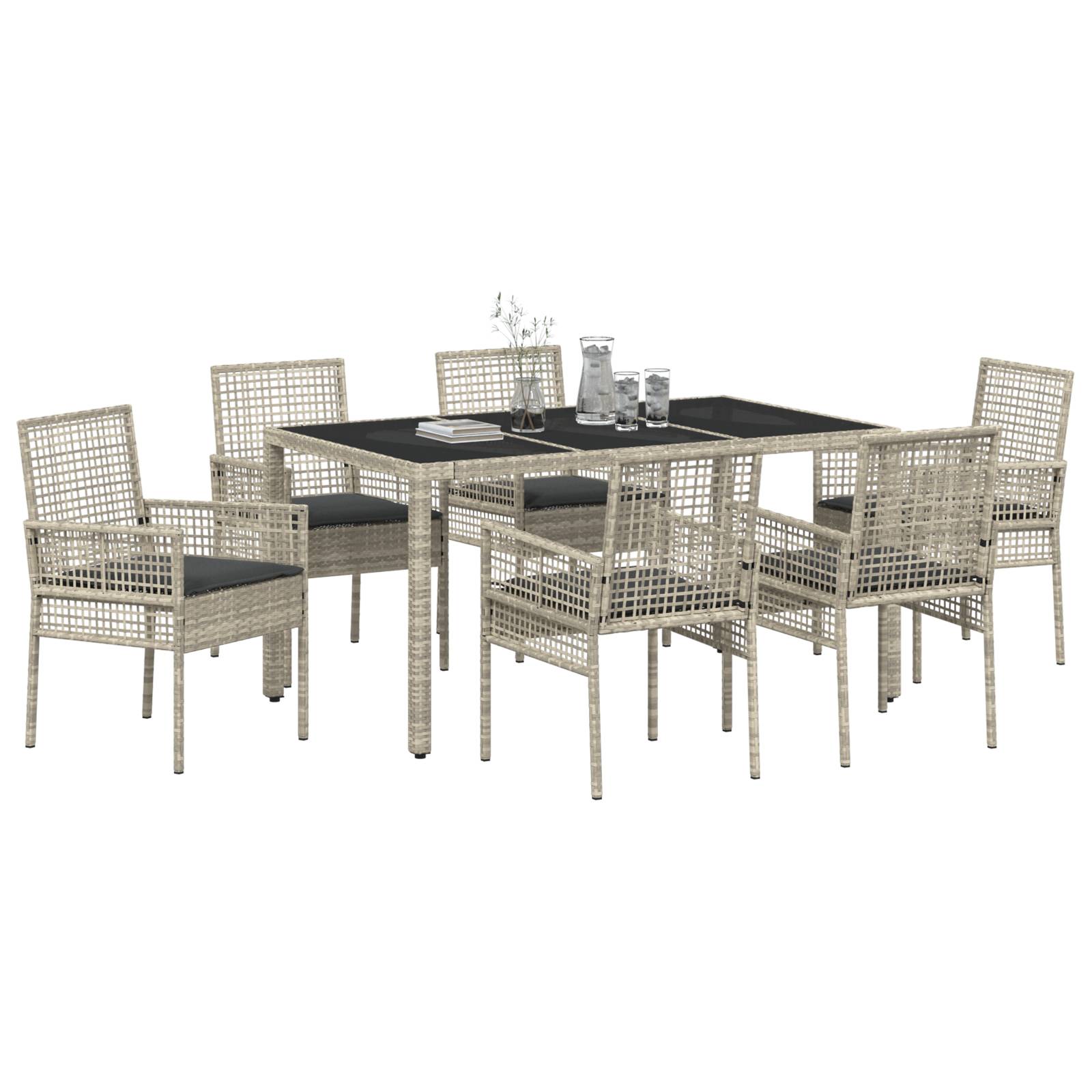 vidaXL 7-tlg. Garten-Essgruppe mit Kissen Hellgrau Poly Rattan