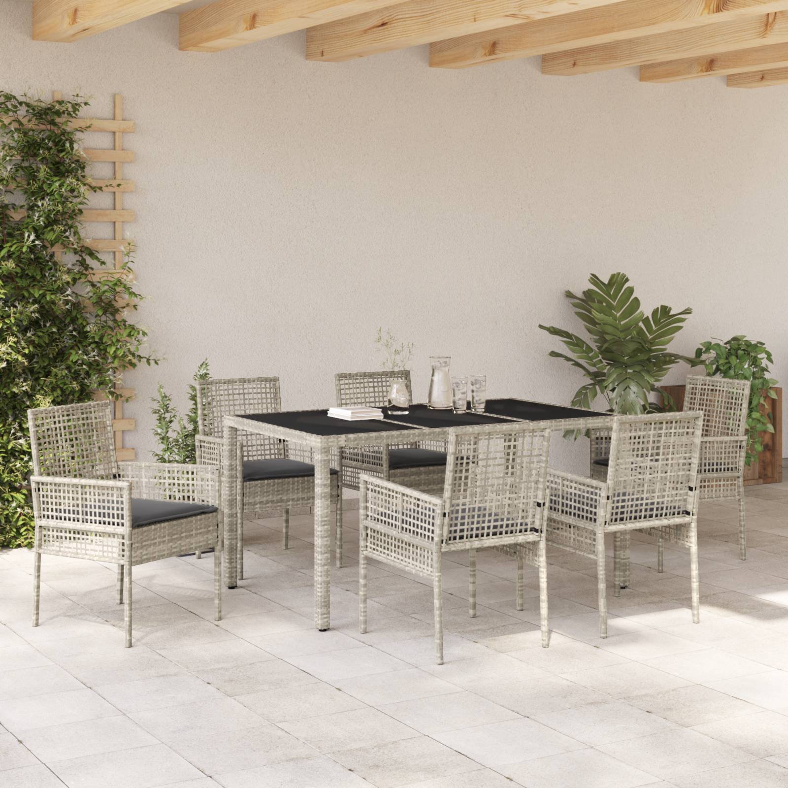 vidaXL 7-tlg. Garten-Essgruppe mit Kissen Hellgrau Poly Rattan