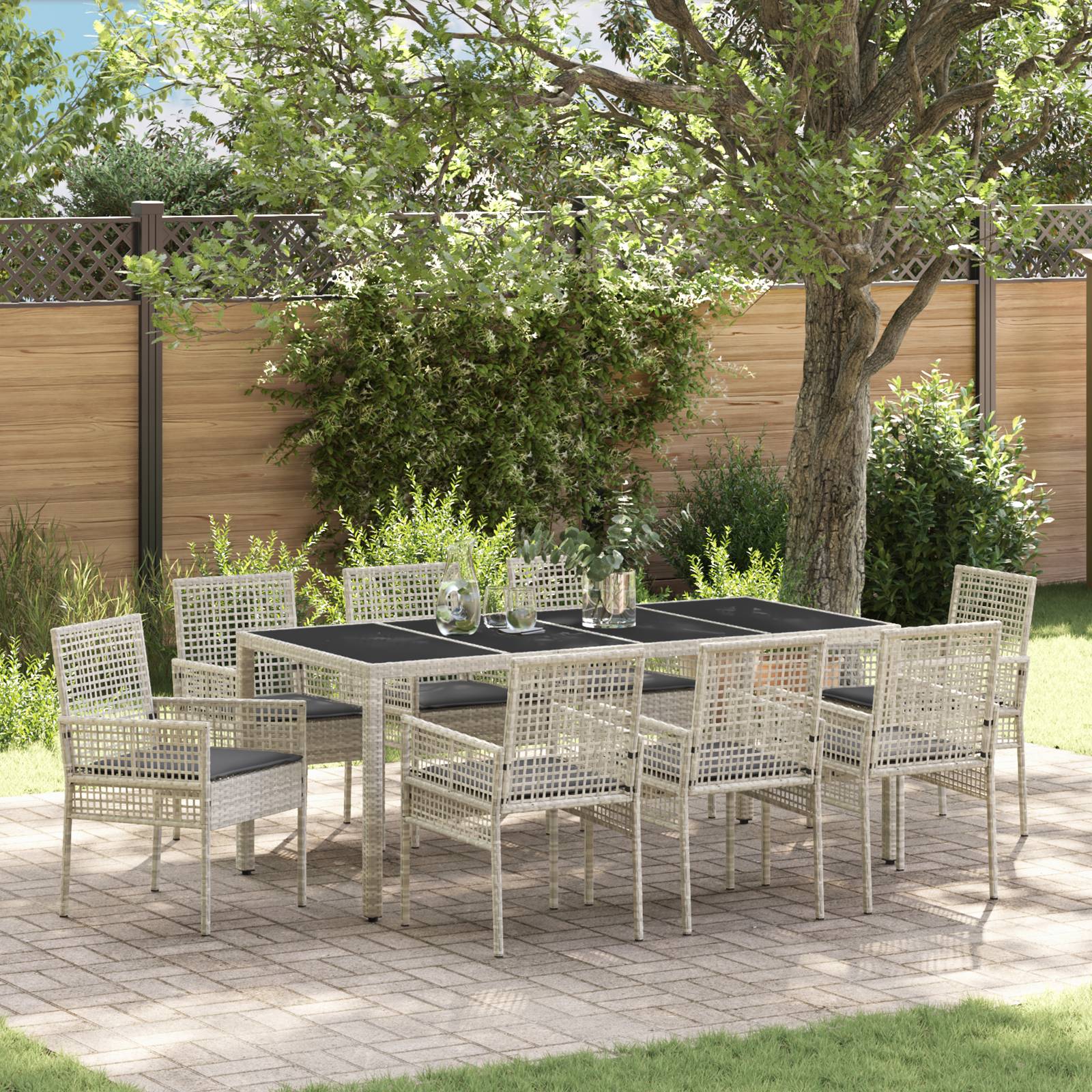 vidaXL 9-tlg. Garten-Essgruppe Hellgrau Poly Rattan