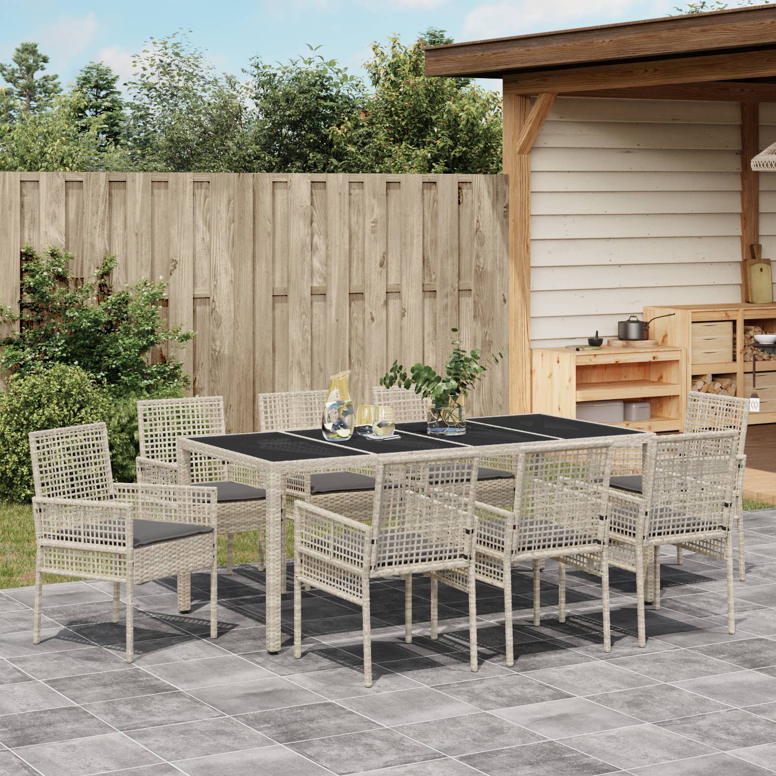 vidaXL 9-tlg. Garten-Essgruppe Hellgrau Poly Rattan