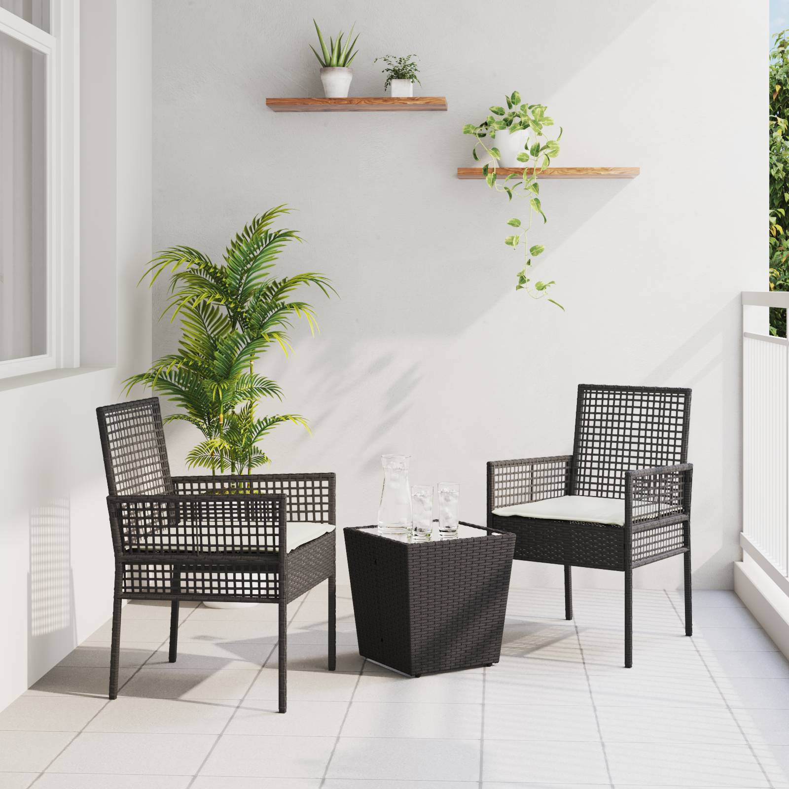 vidaXL 3-tlg. Garten-Bistroset mit Kissen Schwarz Poly Rattan